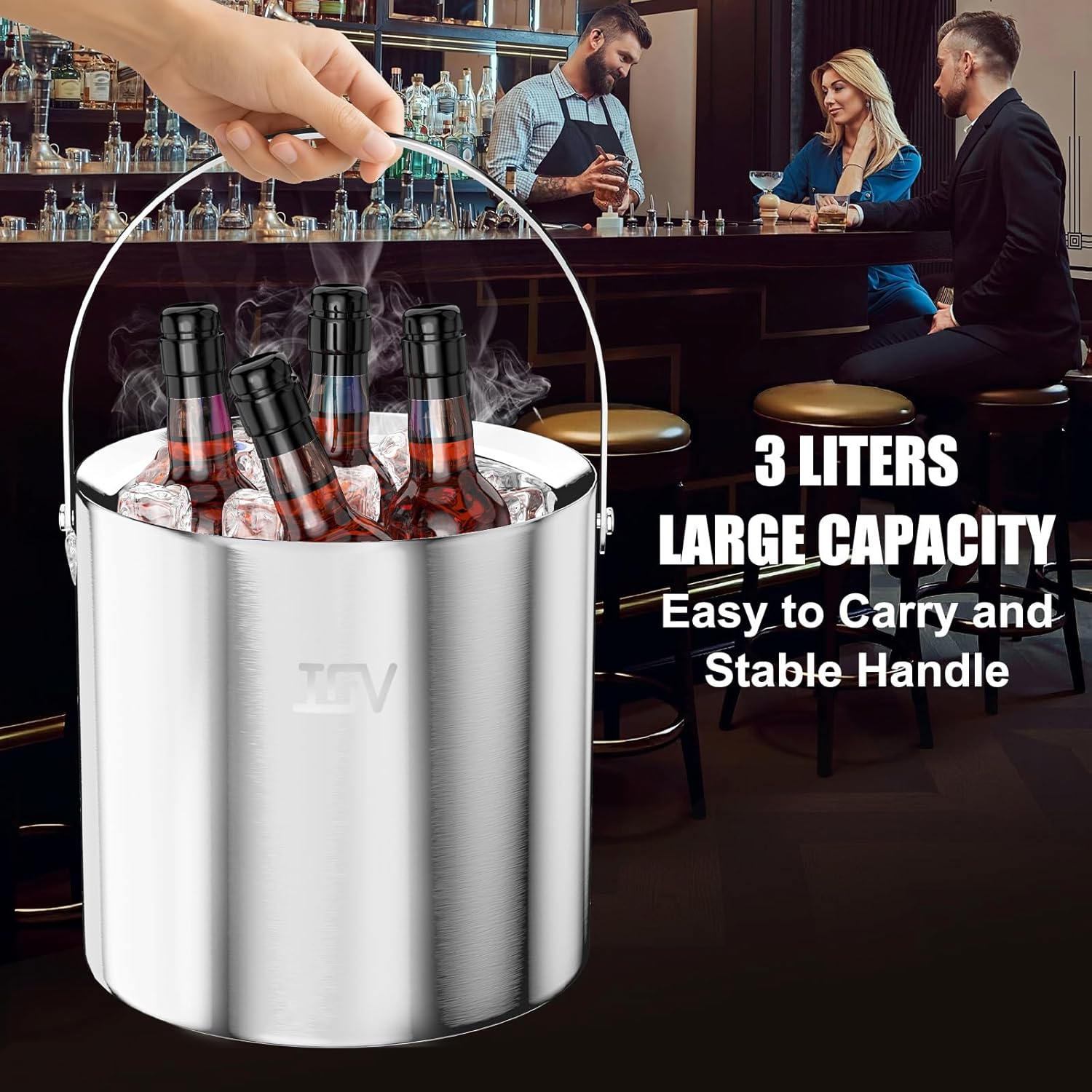 IOV Ice Bucket with Lid, Scoop, Tongs, and Strainer, 3 L Stainless Steel Double Wall Insulated Ice Bucket for Parties, Keeps Ice Frozen Longer, Ideal for Cocktail Bars, Freezers, and Wine - Silver - Image 5