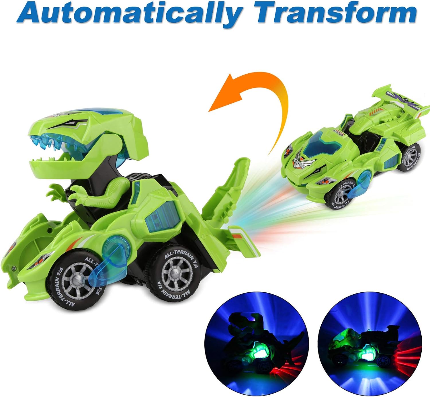 Rusee Transforming Dinosaur Toys, Transforming Dinosaur Car, Automatic Transform Dino Cars with Music and LED Light, Transform Car Toy for Kids Boys Girls, Christmas Birthday Gifts for Kids (Green)