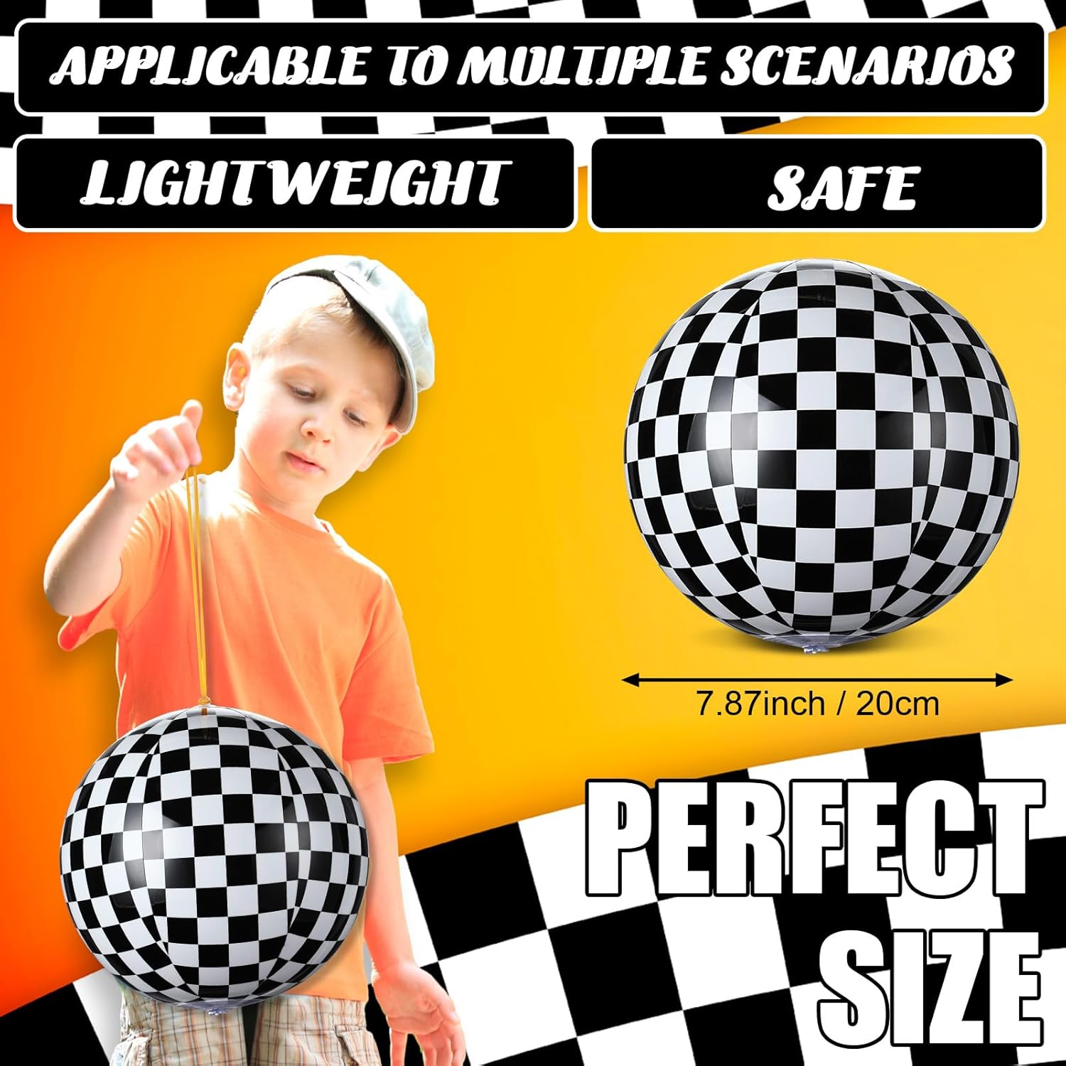12 Pcs Punching Balloons for Kids PVC Inflatable Punch Bouncy Balloon Heavy Duty Race Car Party Favors Goodie Bags Stuffers Classroom Rewards Carnival Toy Prizes(Black White Checkered)