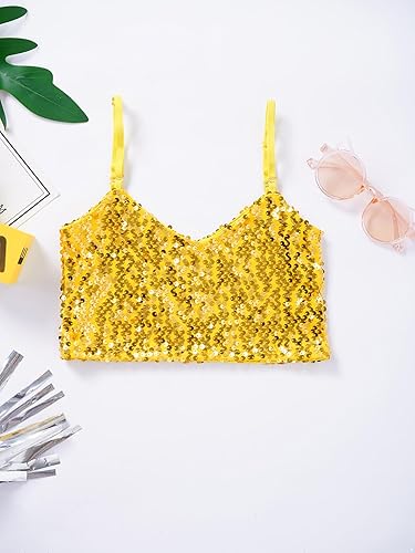 Miniatura 10 de JEATHA Camiseta corta con lentejuelas brillantes para niños y niñas, disfraz de baile, sin mangas, con purpurina brillante