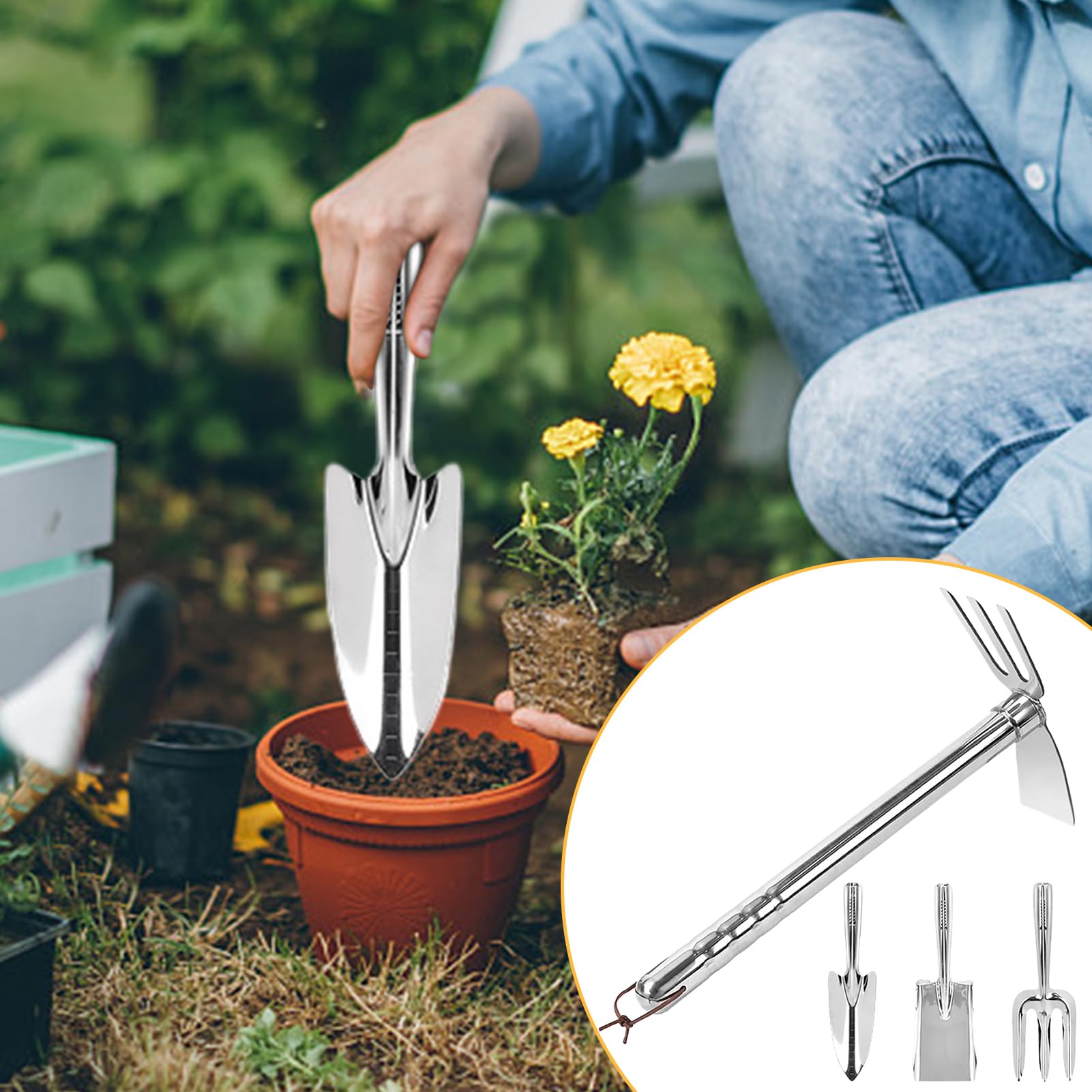 Set Attrezzi Giardino 4 pezzi con manici ergonomici per la lavorazione del | zappa a mano e da giardino per anziani, donne e adulti, ideale per giardino, prato, cortile e patio