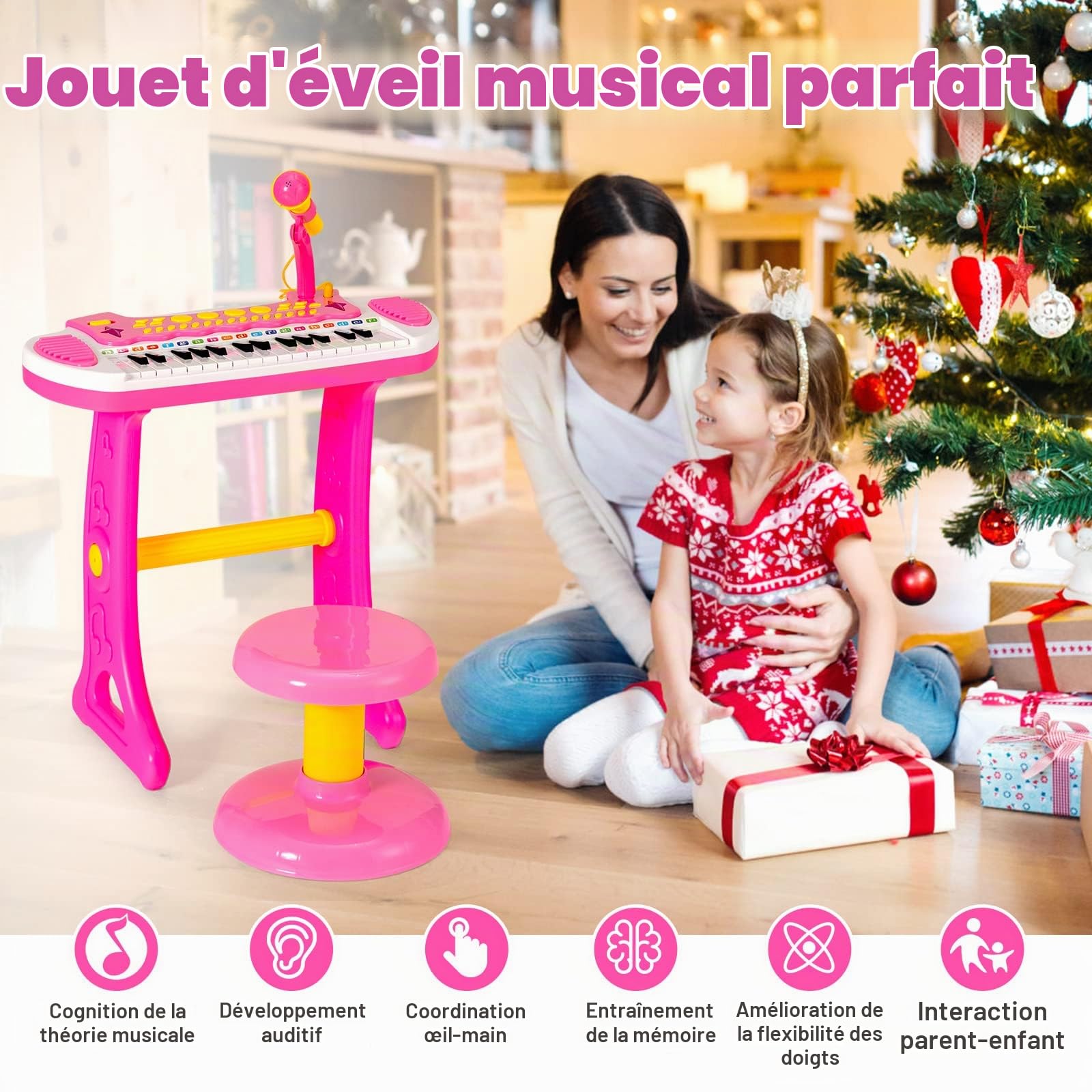 GOPLUS Clavier de Piano à 31 Touches pour Enfant, Jouet Piano Électronique avec Tabouret et Microphone, 22 Démos, pour Garçons et Filles 3+ Ans et Plus (Rose)