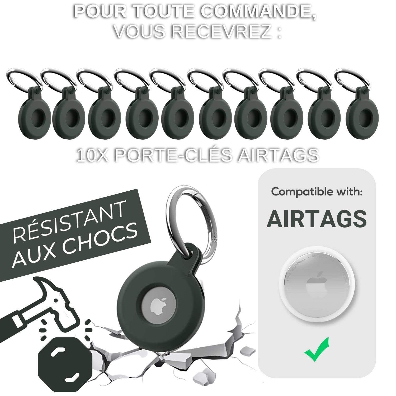 JETech Lot De 2 Coques Silicone Pour AirTag 2021 Avec Porte-Clés - Protection Anti-Rayures Noire