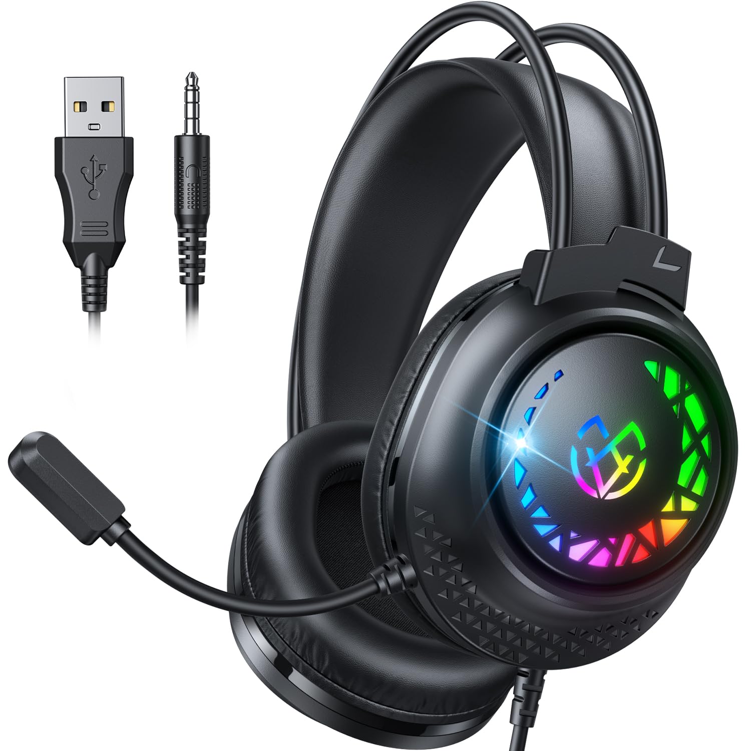 Tatybo Gaming Headset for Ps4/Ps5/PC/Switch, Gaming Headset with Dual Adaptable Headband, 3D Stereo Sound, Lightweight Wired Headset with RGB Light