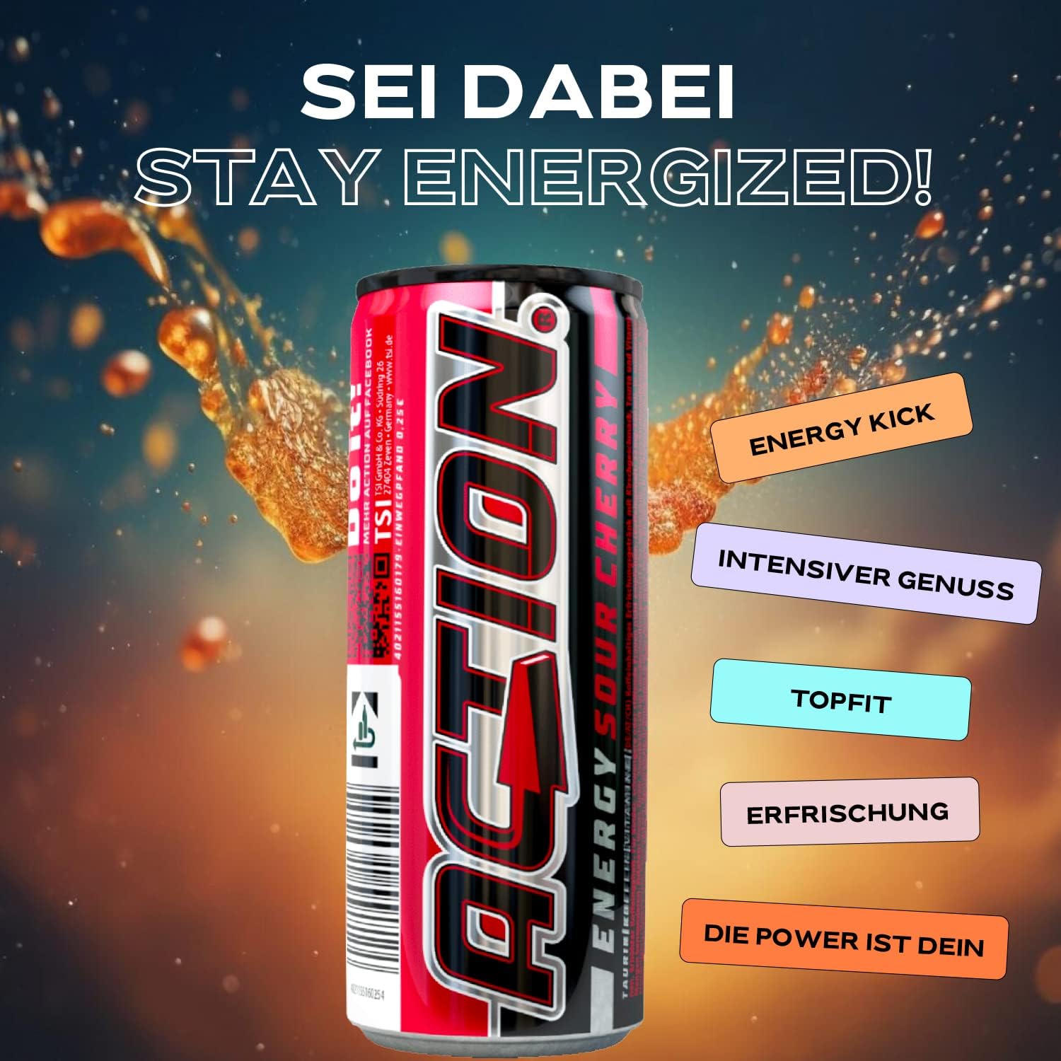 ACT!ON Action Energy Drink Sour Cherry (48 x 250 ml) incluye depósito – Refresco con sabor a cereza agria – patata energética con mayor contenido de cafeína 32 mg/100 ml cafeína rendimiento mejorado