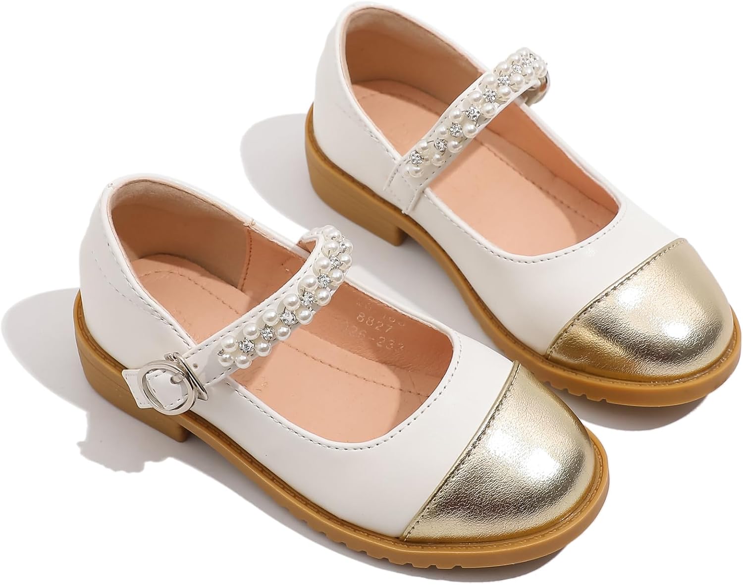 WUIWUIYU Girls Beads Ankle Strap Mary Jane Buckle Contrasting Colors School Uniform Dress Ballet Flats Shoes for Little Girl/Toddler
