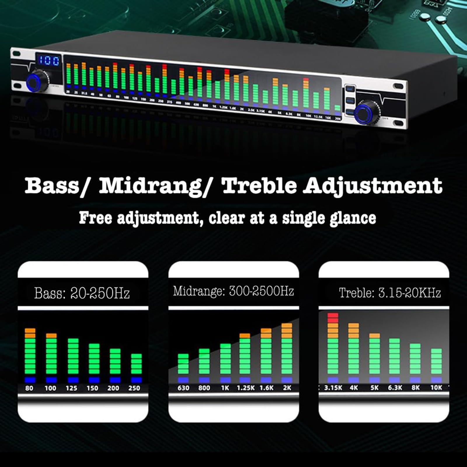 31-pasmowy korektor graficzny stereo – procesor audio FBX z niezależną regulacją wysokiego/średniego/basu i wyświetlaczem częstotliwości w czasie rzeczywistym do występów scenicznych