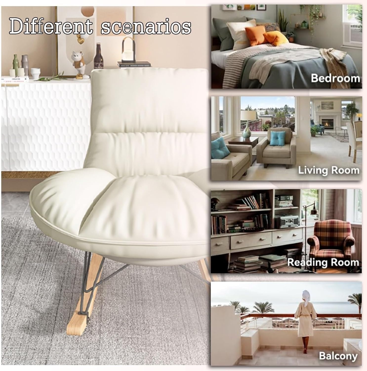 Modern Gray Upholstered Rocking Chair & Footstool Set with Lumbar Support, Rubber Wood Legs - Ideal for Nursery, Living Room, & Bedroom Comfort