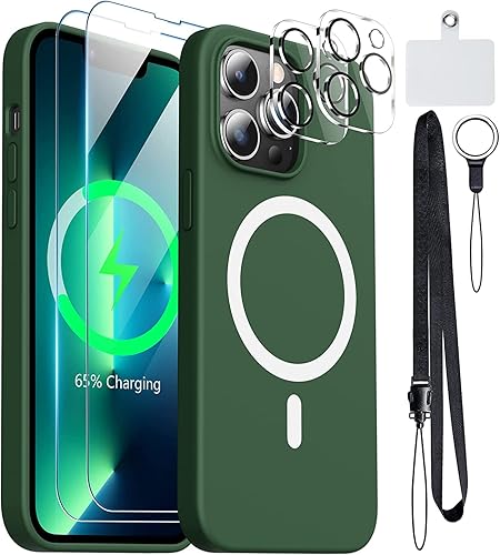 Temdan Funda magnética para iPhone 13 Pro Max, funda de silicona líquida, 2 x protector de pantalla de vidrio templado + protector de lente de