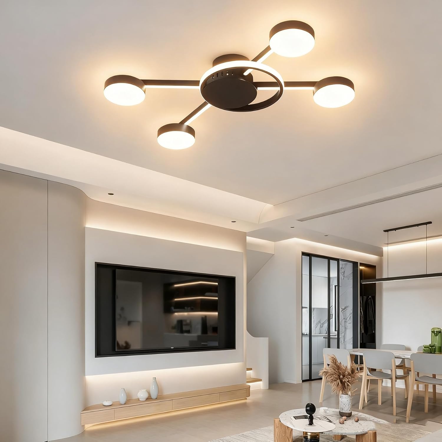 LED Chandelier Black/Chrome 5 Ring Luxury Ceiling Light Fixture Brightness Adjusted with Remote Control for Living Room Dining Room Bedroom (Black, L28*W17*H2 inch)