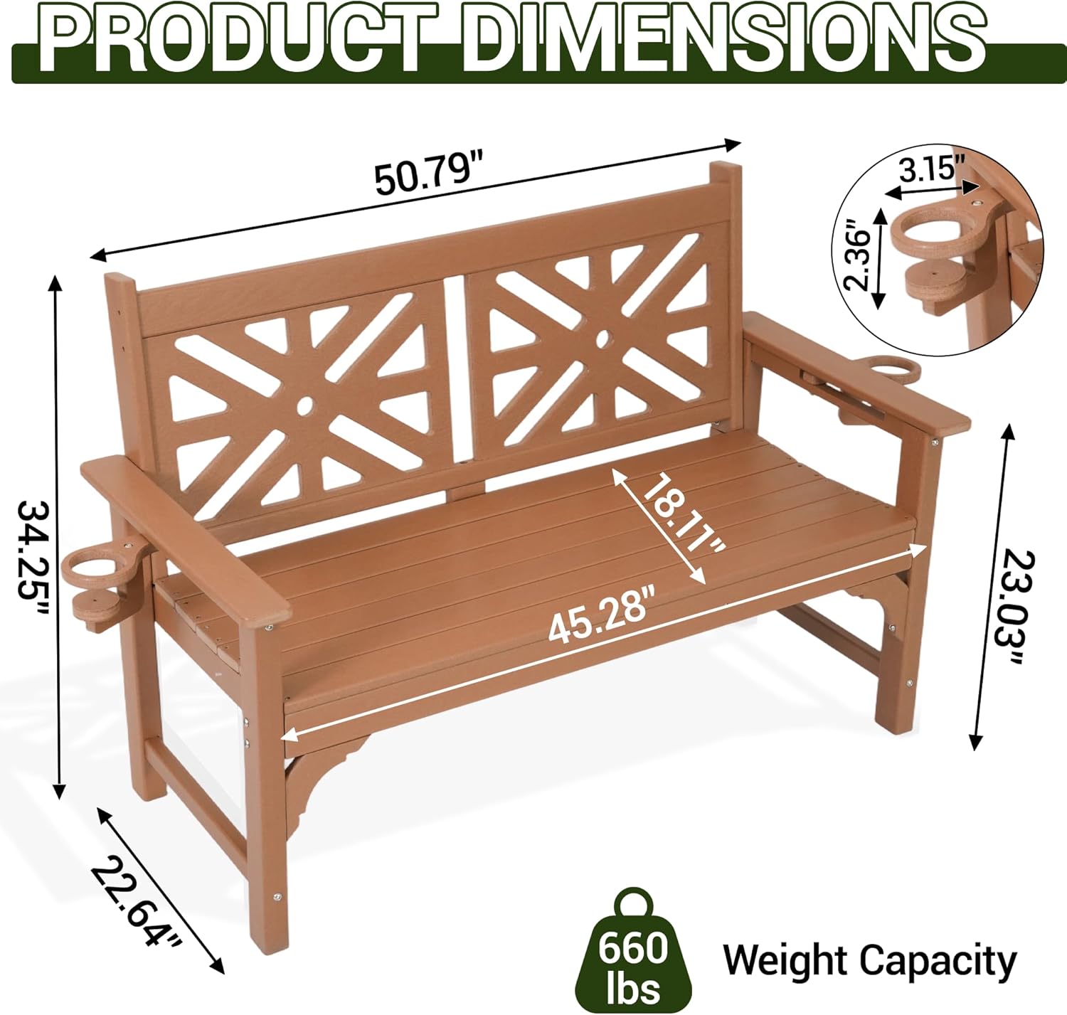 Outdoor Bench with Cup Holders, HDPE All Weather Waterproof 2-Person Garden Bench, Fade/Rot Resistance Patio Benches for Porch and Park, Brown