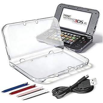 Vranzoral New 3DS XL Clear Case,Crystal Transparent Hard Shell for New 2015 Nintendo 3DS XL LLNew Modified Hinge-Less Design Pack with 4 Stylus Pen for 3DS and 1 Charing Cable