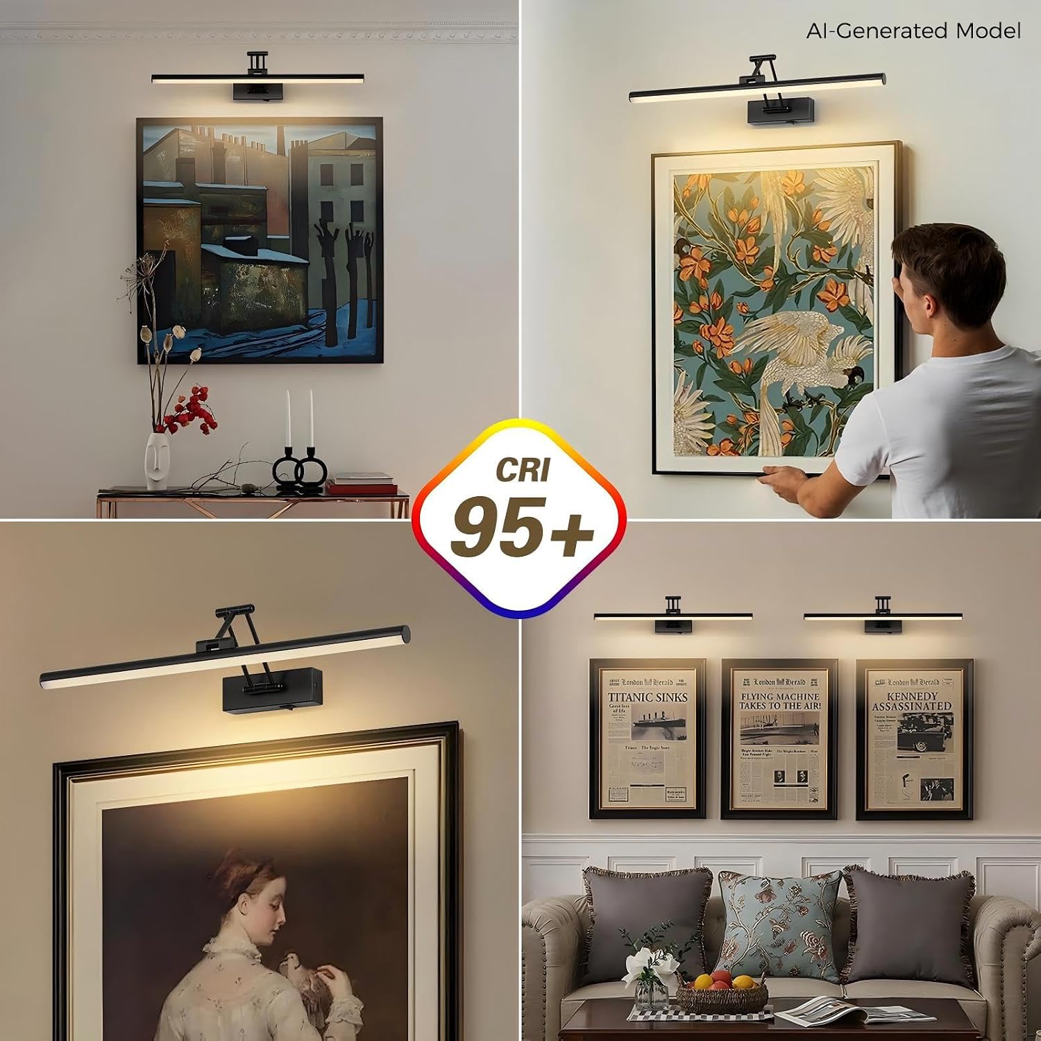 Joossnwell Battery Operated Picture Lights with Remote Wireless Art Lighting for Wall 23.62 Inch Rechargeable Painting Light Black Frame Light Dimmable 3CCT Gallery Light for Library Portrait image 2