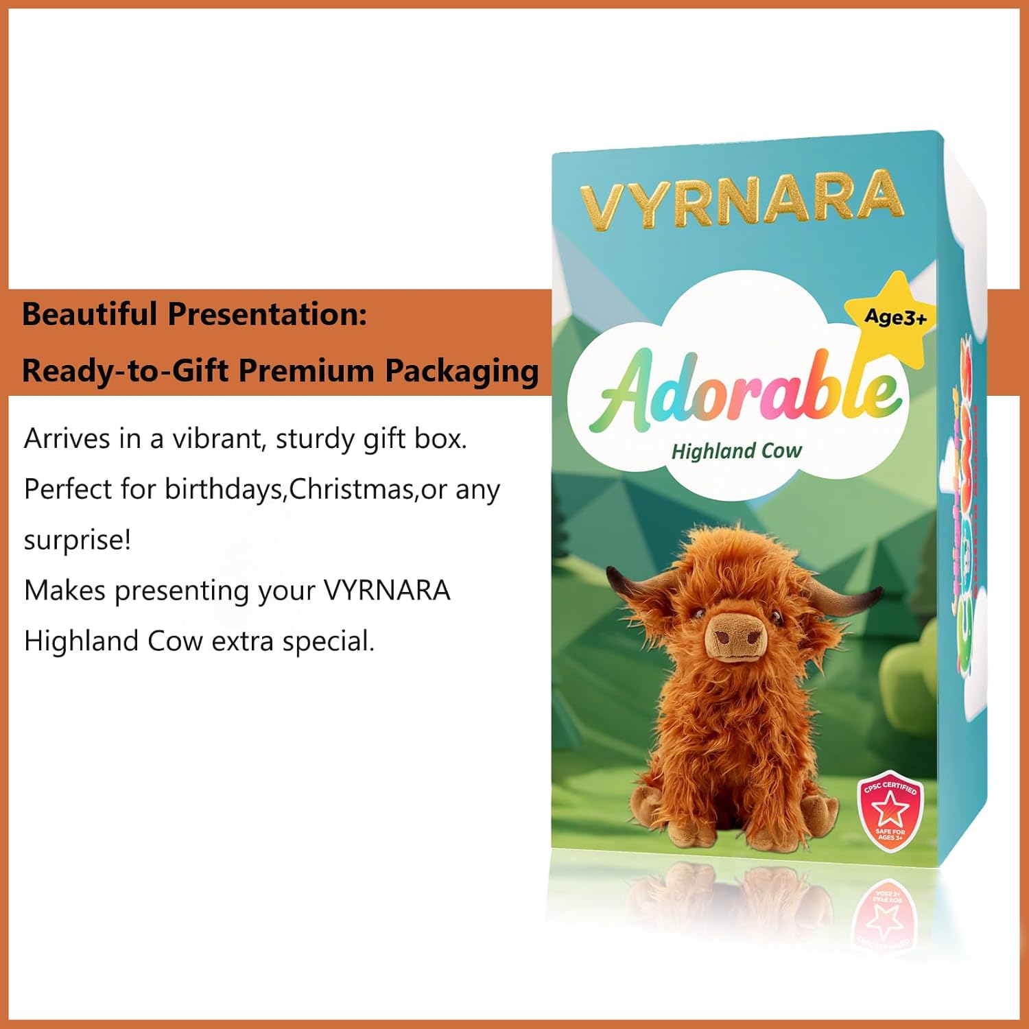 VYRNARA Highland Cow Stuffed Animal Toy, Cute Fluffy Highland Cow Plush Farm Cow Plushies Decor Gifts for Kids (Brown)