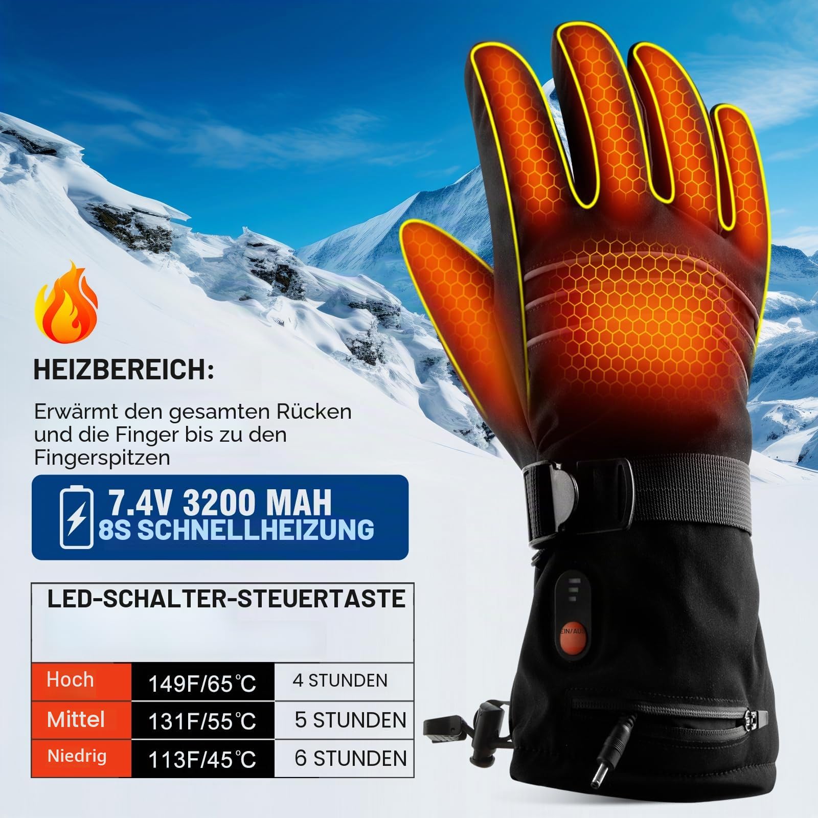 Beheizte Handschuhe für Männer oder Frauen, 7,4V 3200mAh Elektrische Batterie, Selbstheizende Handschuhe für Wintersport, Wiederverwendbarer Handwärmer für die Arbeit im Freien, L