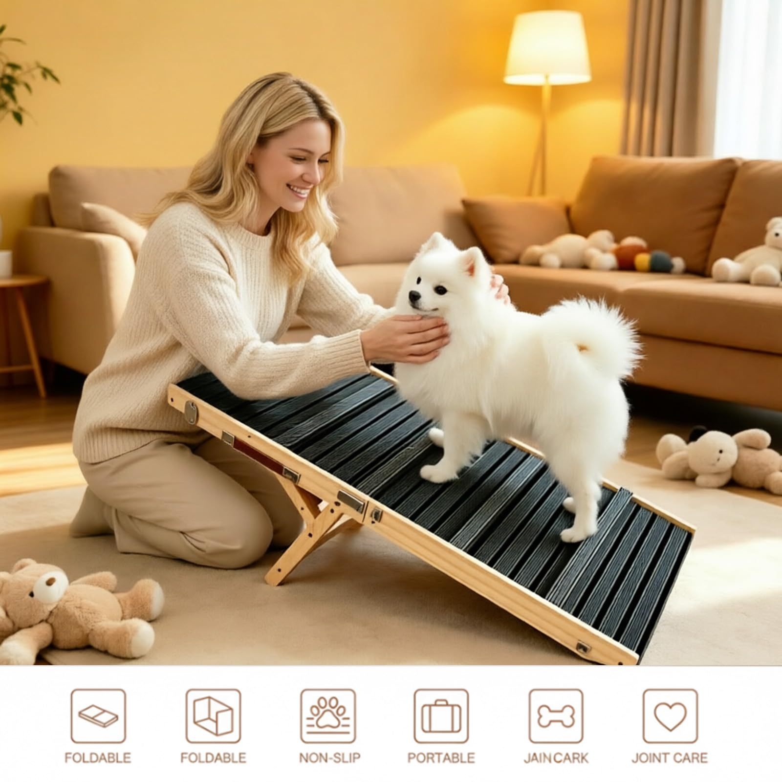 Hunderampe aus Holz, Hunderampe Auto Klappbar mit Nahtloser Verbindung zur Plattform, Klappbar Rampe für Kleine Hunde Katzen, Einstellbar Hunderampe für Sofa, Bett, Auto-bis zu 50kg (M)