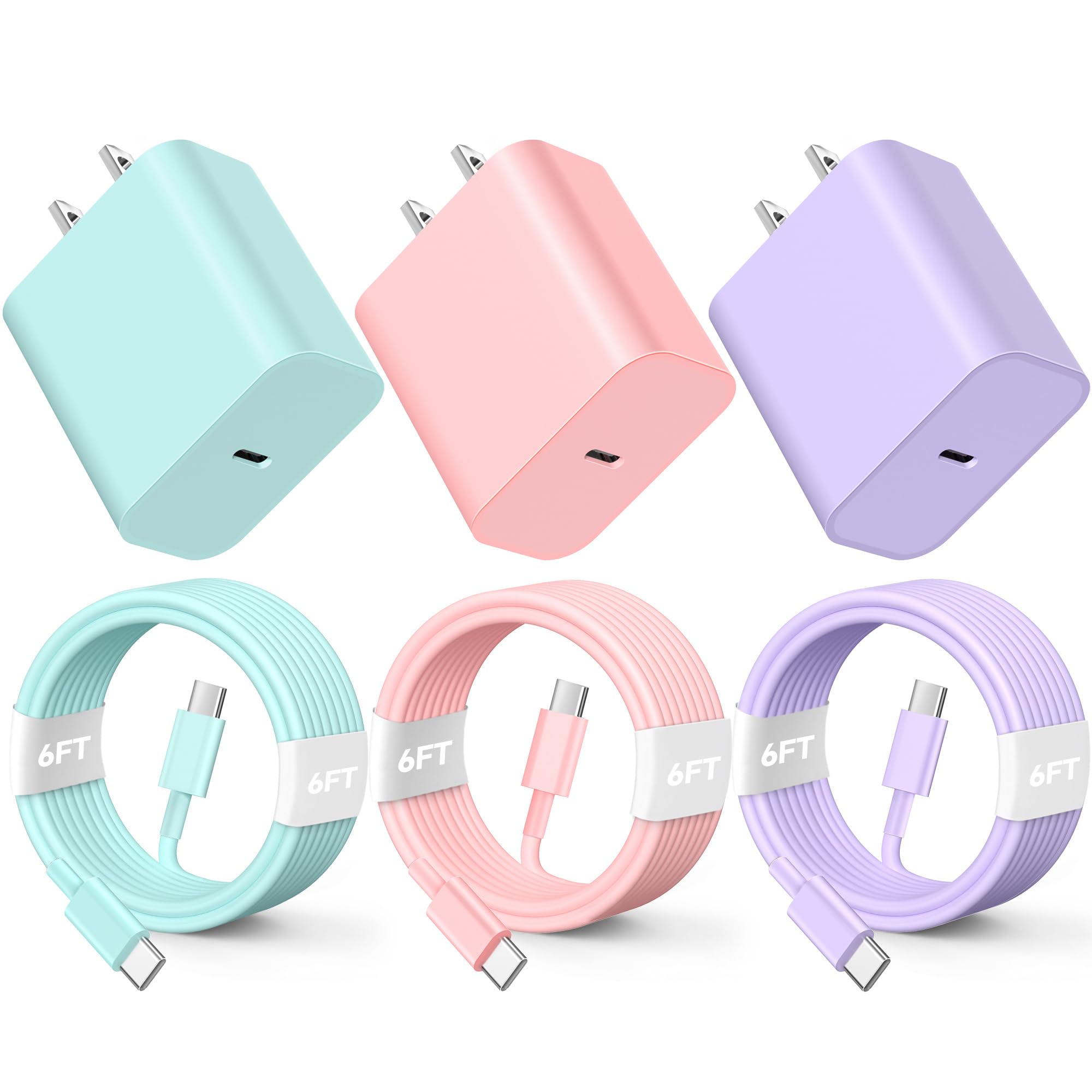 Compatible with iPhone16/15 Charger Fast Charging, 3 Pack 20W USB C Colorful Wall Charger Block with 6ft USB-C to C Cable Compatible with iPhone 16 15 Pro/Plus/Pro Max,Pad Pro 12.9/11 inch,Pad Air 5th