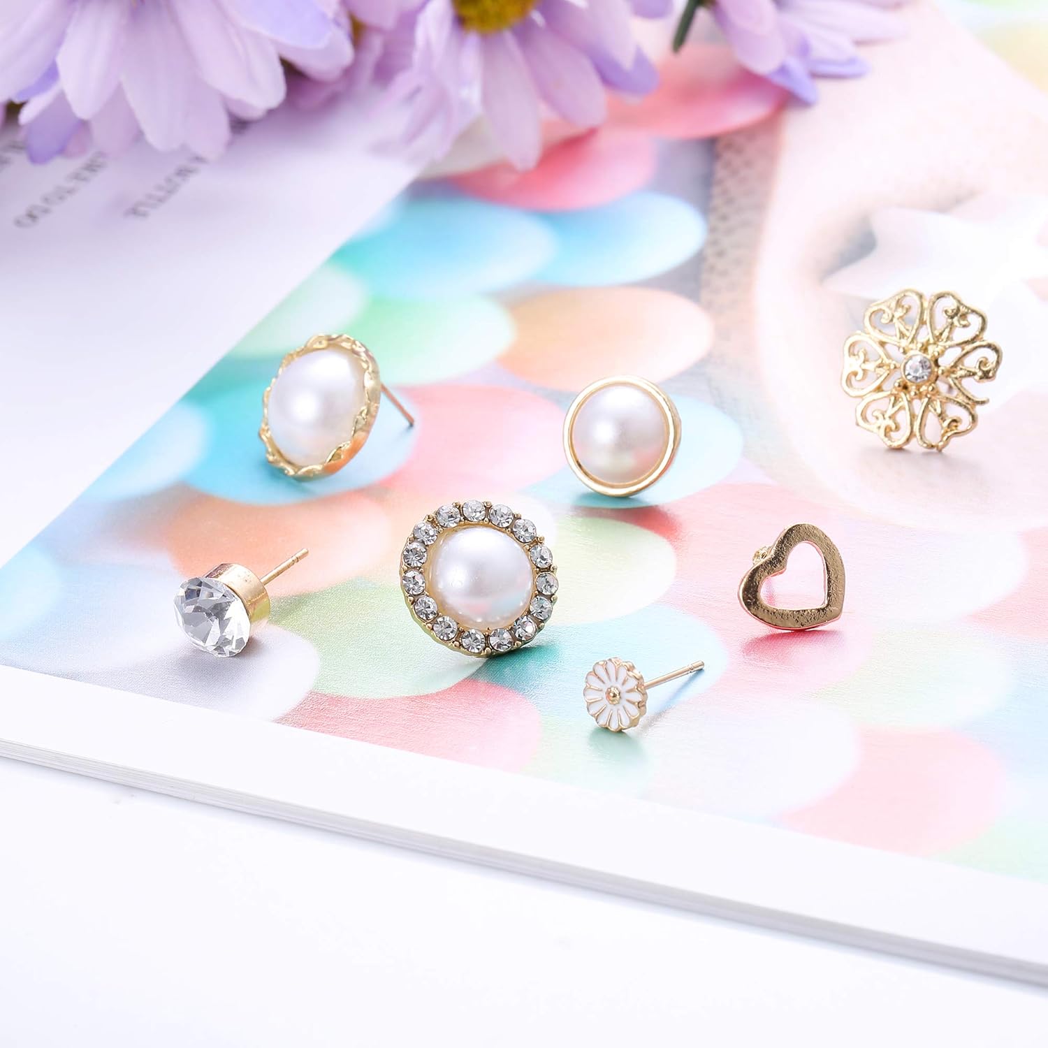 LOYALLOOK 61-63 Pairs Assorted Multiple Stud Earrings for Women Simple Cute Flower Big Hoop Earrings Moon Geometric Leaf Arrow Bow CZ Ball Heart Faux Pearl Earrings Set - Image 7