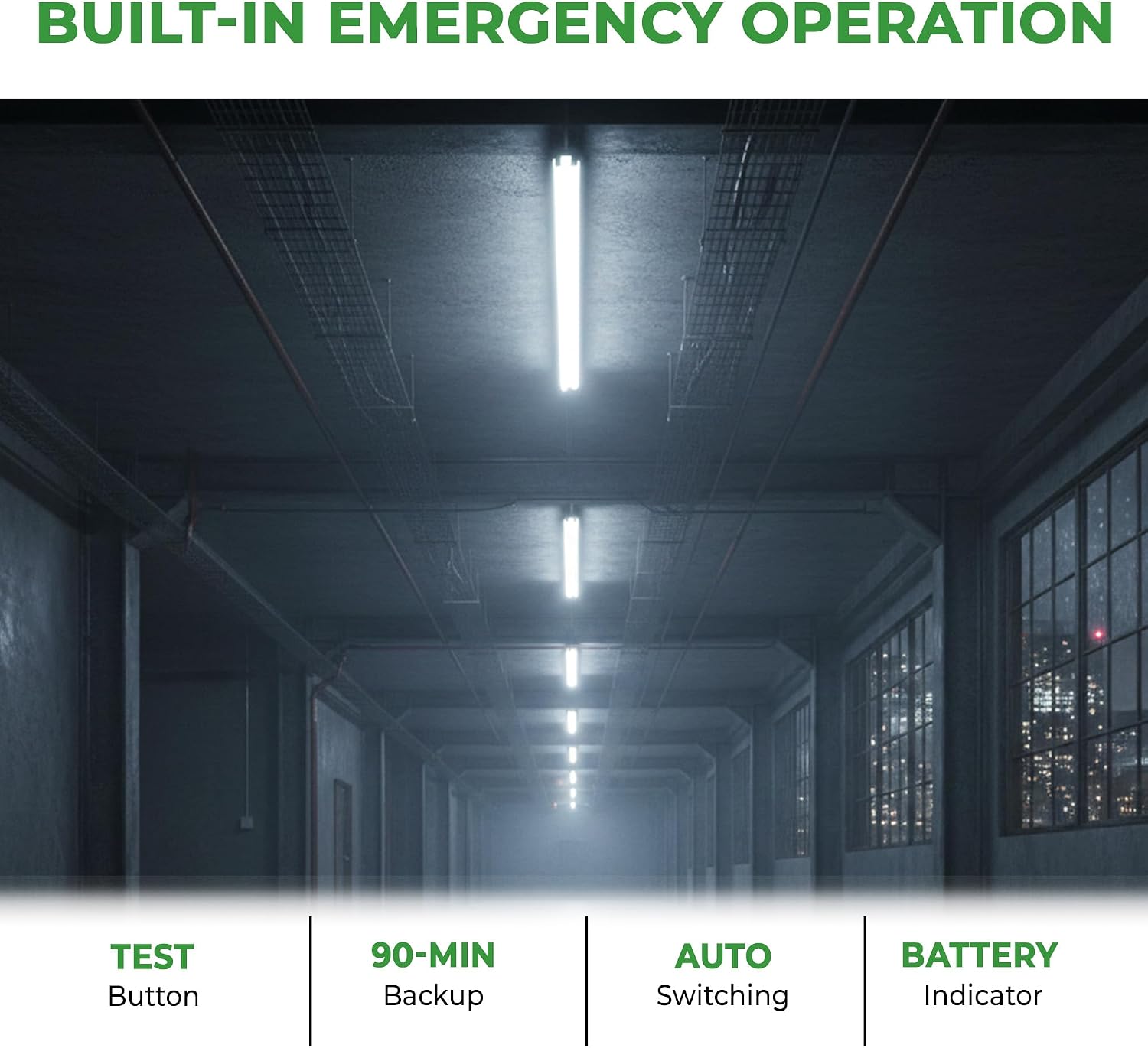 E2 LIGHTING 4FT Emergency T8 LED Tube Light, 18W 2300lm 4000K, 2-in-1 Regular and Battery Backup Tube, 90-Min Emergency Time, Double Ended Wiring, AC 120-277V, DLC ETL Listed LED Shop Light