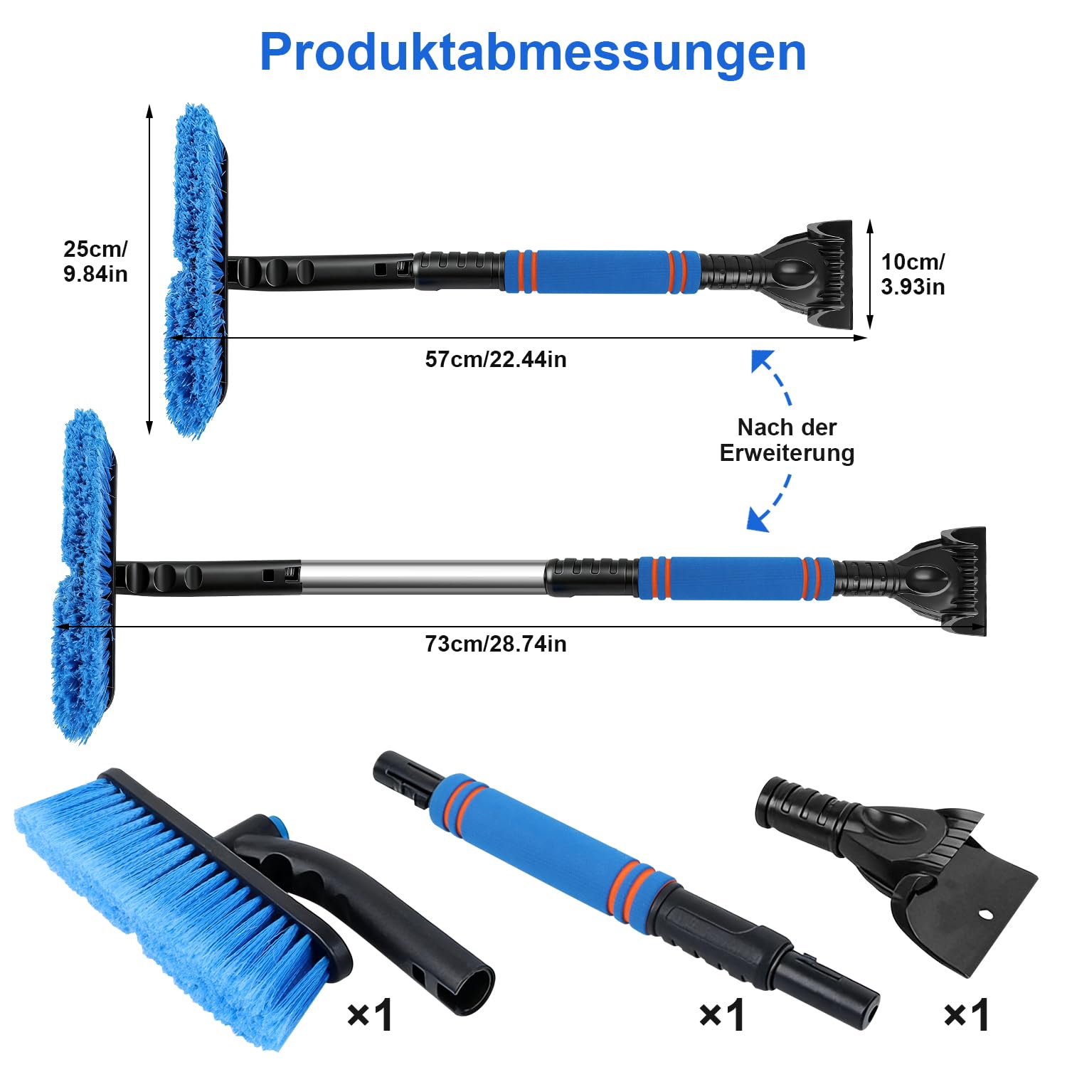 Skrobaczka do lodu z miotełką do śniegu, rozsuwany skrobak do śniegu, auto 73 cm, niebieski, zdejmowana skrobaczka do lodu z ergonomicznym uchwytem z pianki, szczotka do czyszczenia samochodów