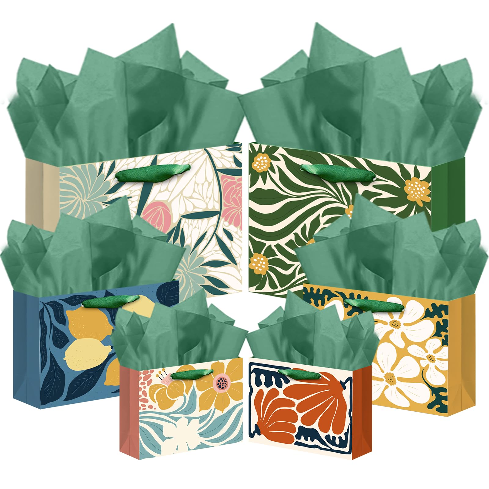 qiqee Clash Flowers Gift Wide Bags with Tissue Paper Mulit Assorted Sizes 10PCS Present Party Favor Birthday Bags(2pcs Large 13", 4pcs Medium 9", 4pcs Small 6", Tissue Paper)