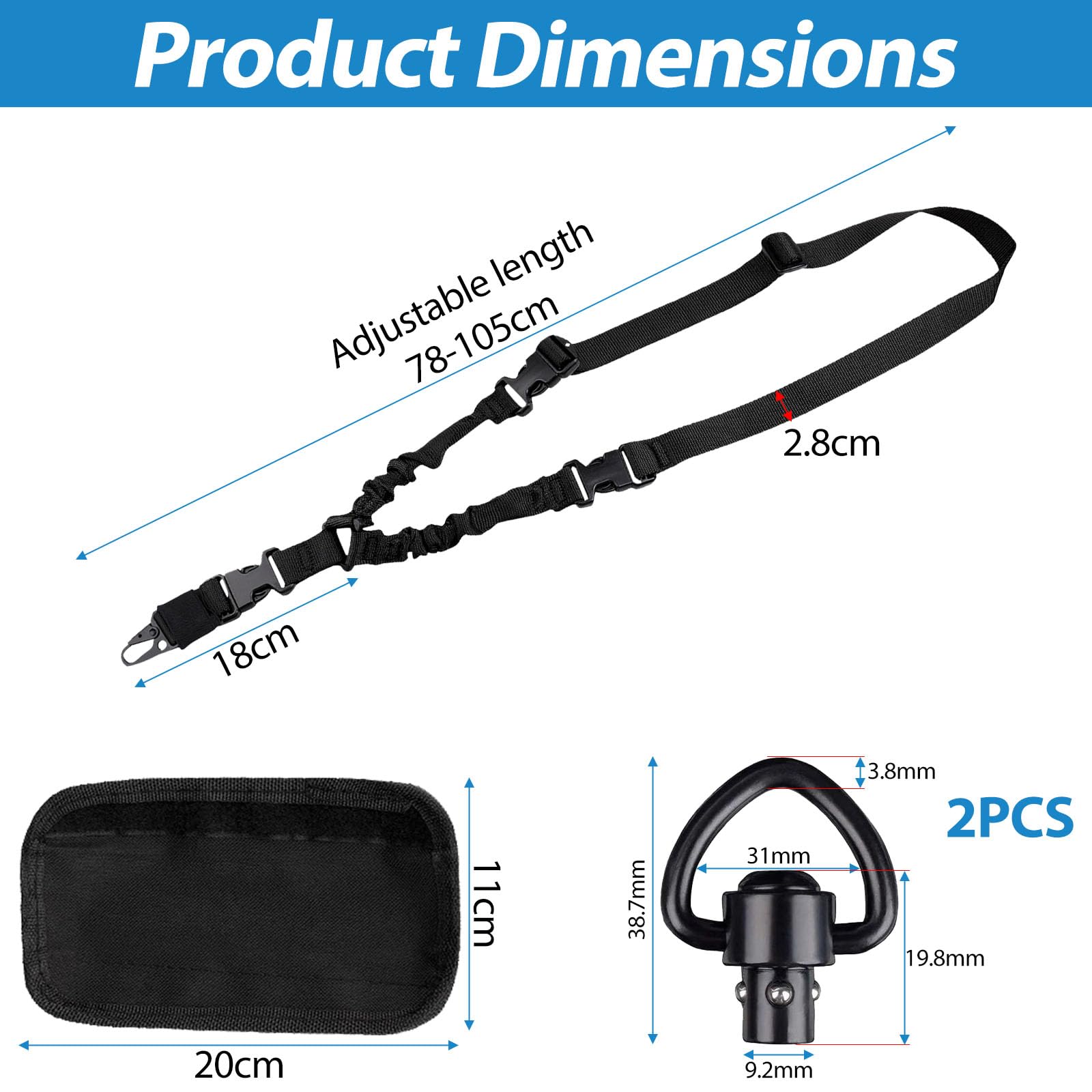 Correa Tactica 1 Punto Sling Airsoft Ajustable Eslinga Rifle Nylon Correa Táctica de Un Puntos con Gancho de Metal Hombrera Antideslizante y 2 QD Sling Swivel para Deportes al Aire Libre Caza