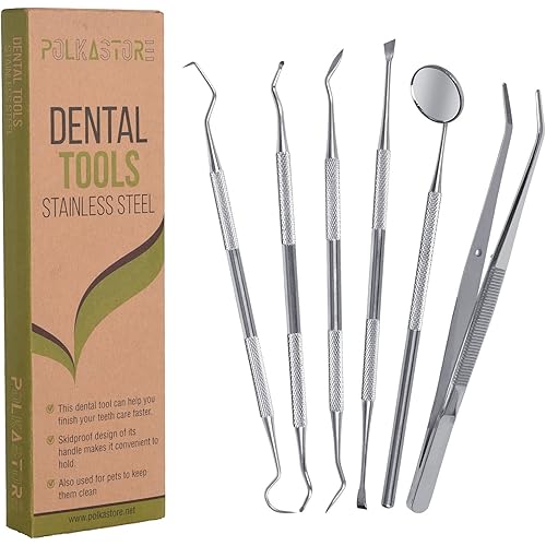 Dental Tools, 6 Pack Teeth Cleaning Tools Stainless Steel Dental Scraper, Pick Hygiene Set with Mouth Mirror, Tweezer Kit for Dentist, Personal Using, Pets - Tooth Tartar Plaque Scraper Remover