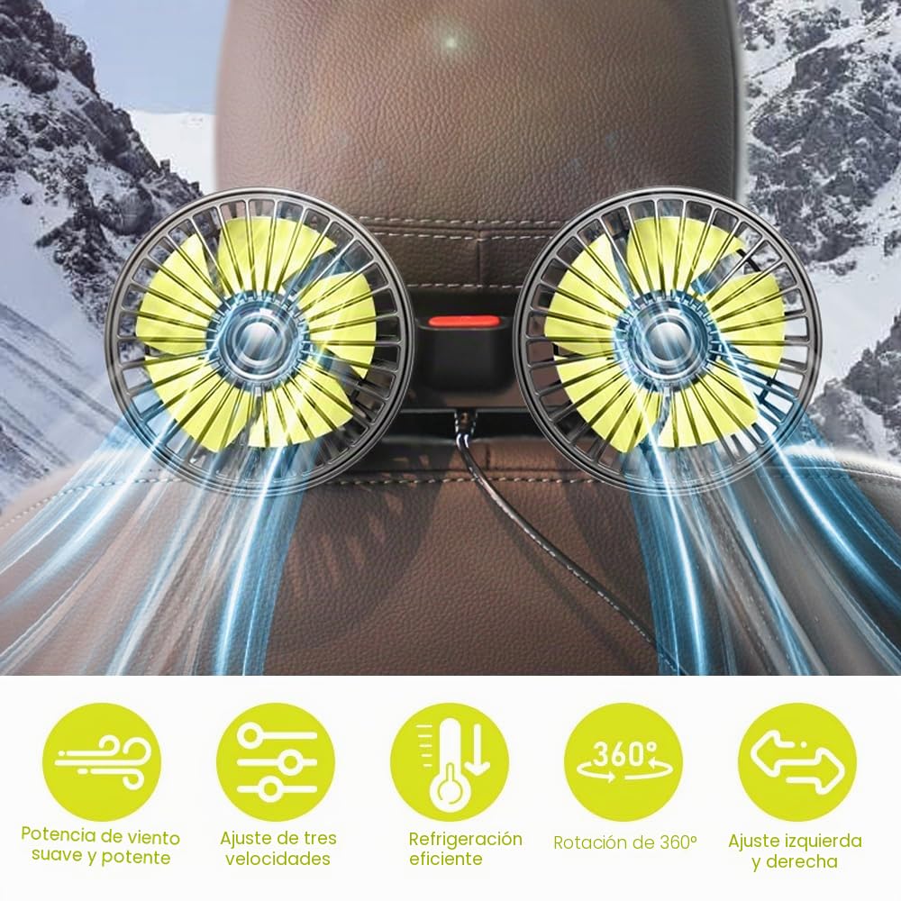 Ventilador de Coche, Ventilador Coche con 3 Velocidades, Ventilador de Coche Para Asiento Trasero, Ventilador Coche Doble Cabeza, para el Hogar, Oficina, Caravana, Barco