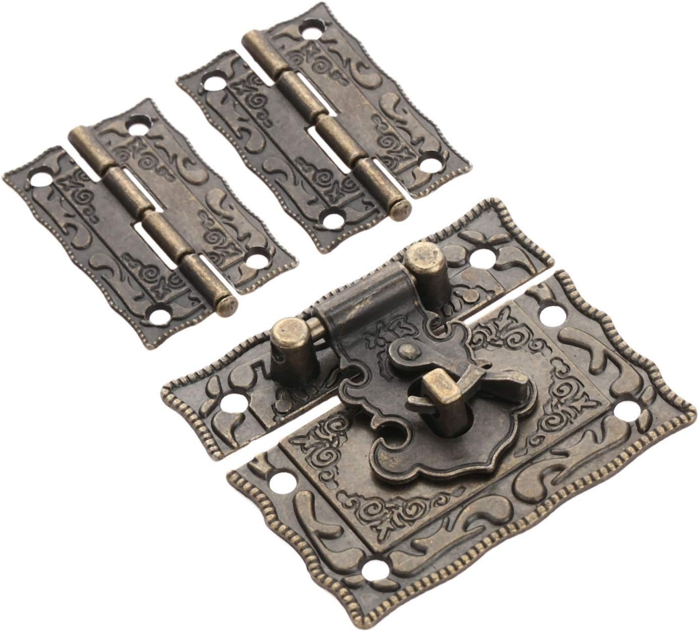 Hasp,Antique Bronze Padlock Lock Jewelry Wood Box Latch Hasp Clasp and 2pcs Suitcase Cabinet Hinge Vintage Furniture Decorative Hardware
