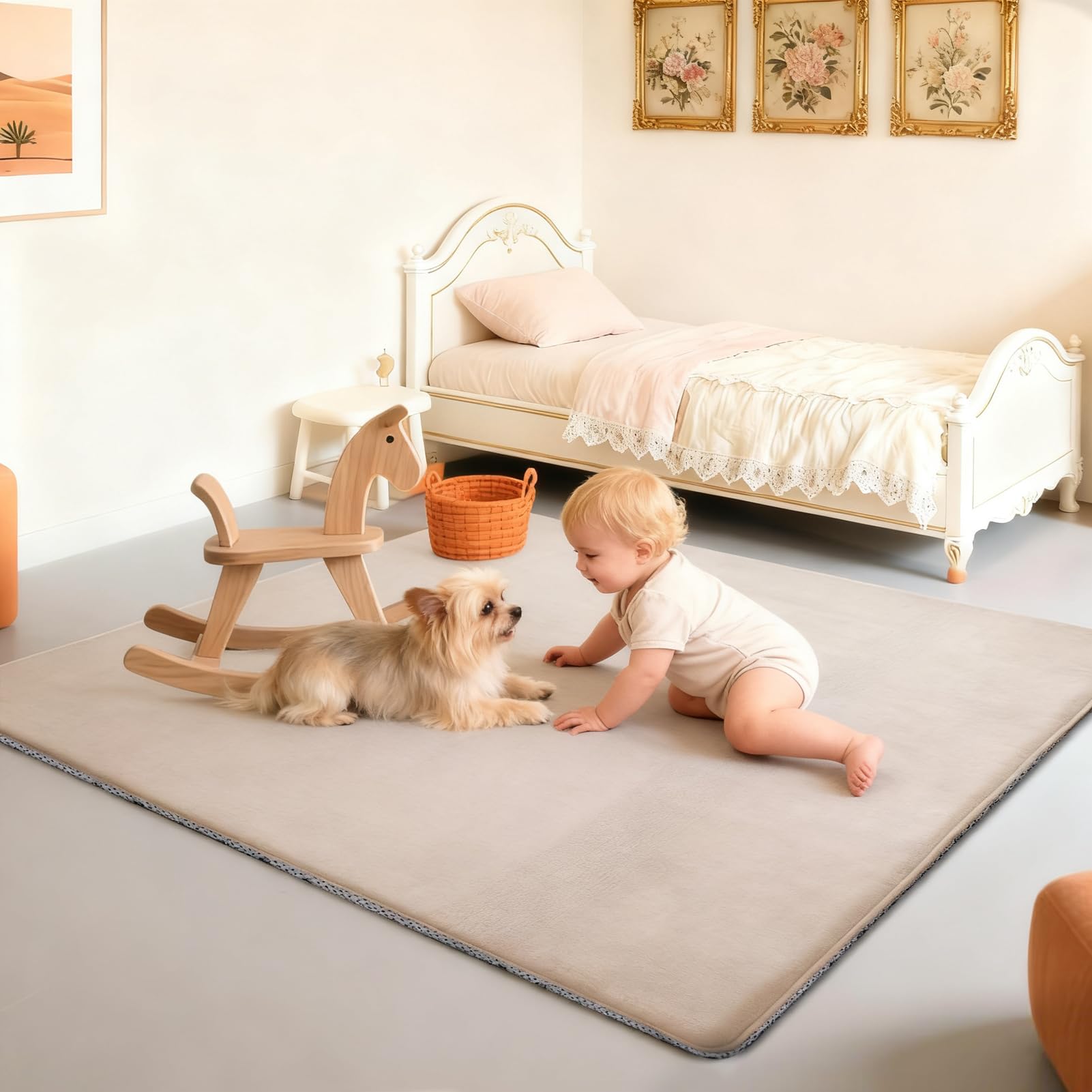 Kinderteppich Teppich Verdickung Korallen Samt Teppich Korallensamtteppich Kinder Krabbeldecke Tatami Teppiche Kinder rutschfeste Vergrößern Spielmatte Yogateppich 120 x 120 cm Hellbraun