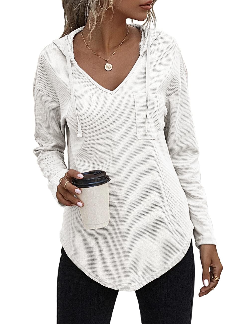 Cuptacc Felpa Donna con Cappuccio 2024 Maglione Scollo A V Autunno Maglia Manica Lunga Camicia Elegante