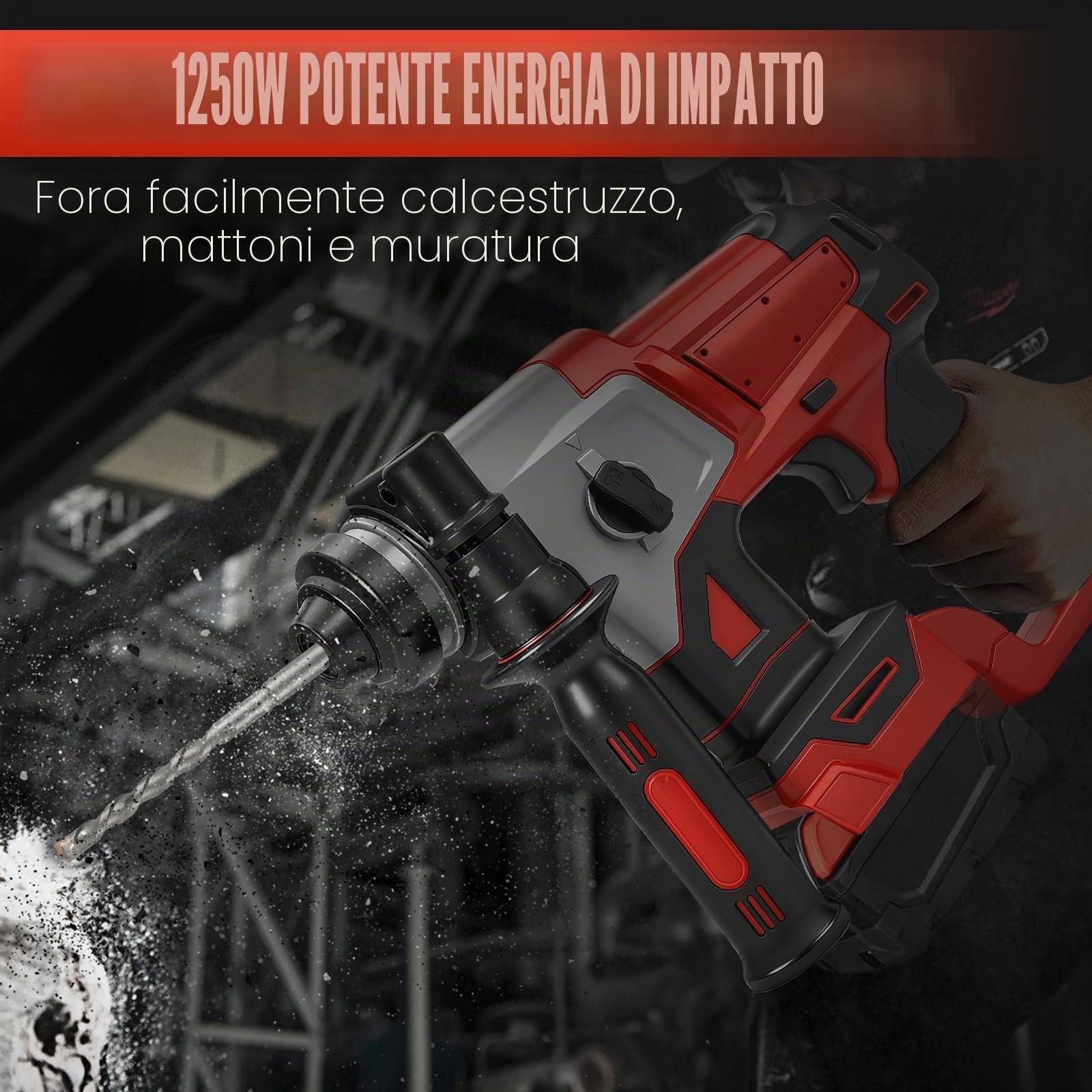 Roadtime 3J Martello Perforatore 1250W compatibile con Milwaukee 18V Battery (senza batteria),Motore senza spazzole martello 3500RPM,Hammer combinato con 3x Drill Bit SDS PLUS,Foratura 22mm