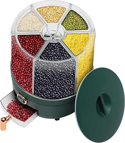 Miniatura 1 de Recipientes grandes para cereales, dispensador giratorio de arroz, dispensador de alimentos secos con 6 compartimentos, contenedor de almacenamiento