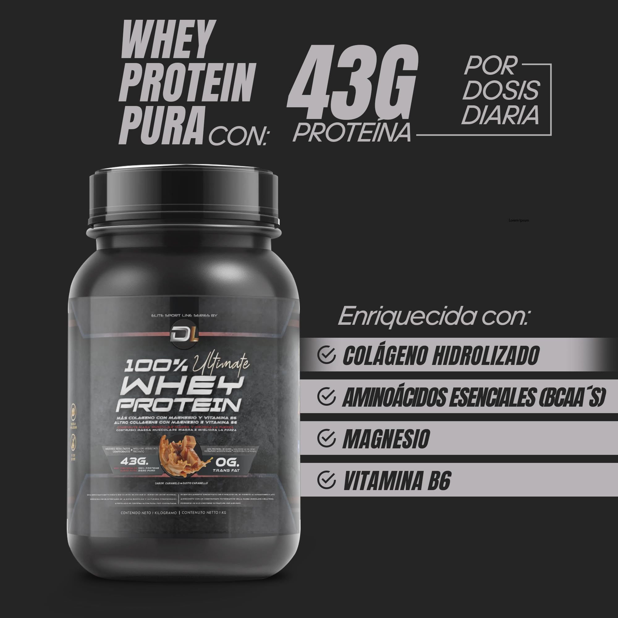 Whey Protein | Proteína en Polvo con Colágeno, Magnesio y Aminoácidos | Aumenta la masa muscular | Apoya el desarrollo y la recuperación muscular | Proteína fácil de digerir | Sabor Caramelo 1kg