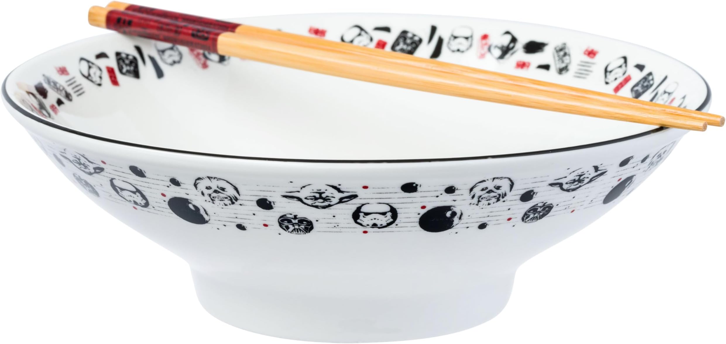 Star Wars Ceramic Ramen Bowl with Chopsticks Featuring Darth Vader, Yoda, Chewbacca, the Death Star, and Stormtroopers, 30 Ounces