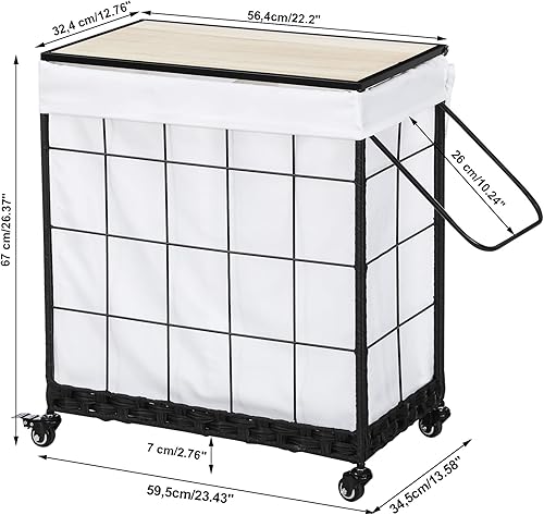 Miniatura 7 de Durable Laundry Hamper with Removable Liner Bag, Heavy Duty Wheels, Wood Lid and Metal Handle - Clothes Sorter and Laundry Basket in White