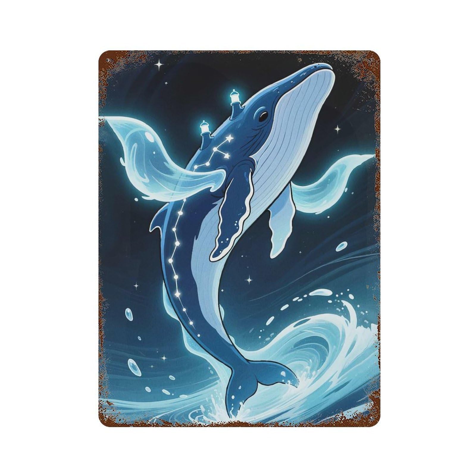 Whale Constellations Lighthouses 15.7"x11.8" Retro Metal Sign, Industrial Home Decor for Office, Studio And Wall Decor