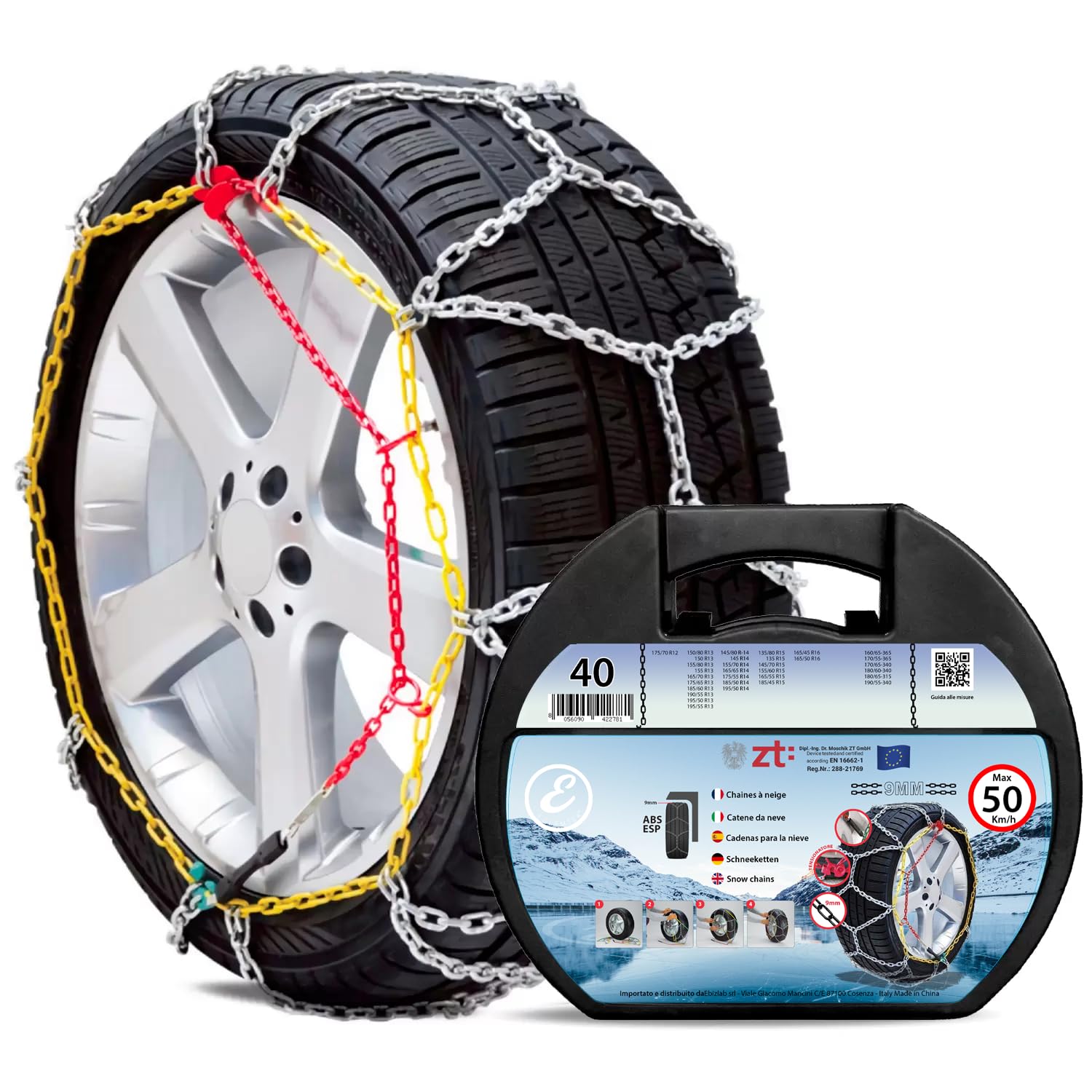Catene Da Neve In Metallo 9 mm Omologate TUV e GS Onorm Montaggio Rapido Per Auto Macchina Furgone SUV Con Tensionatore Autobloccante (Misura 40)