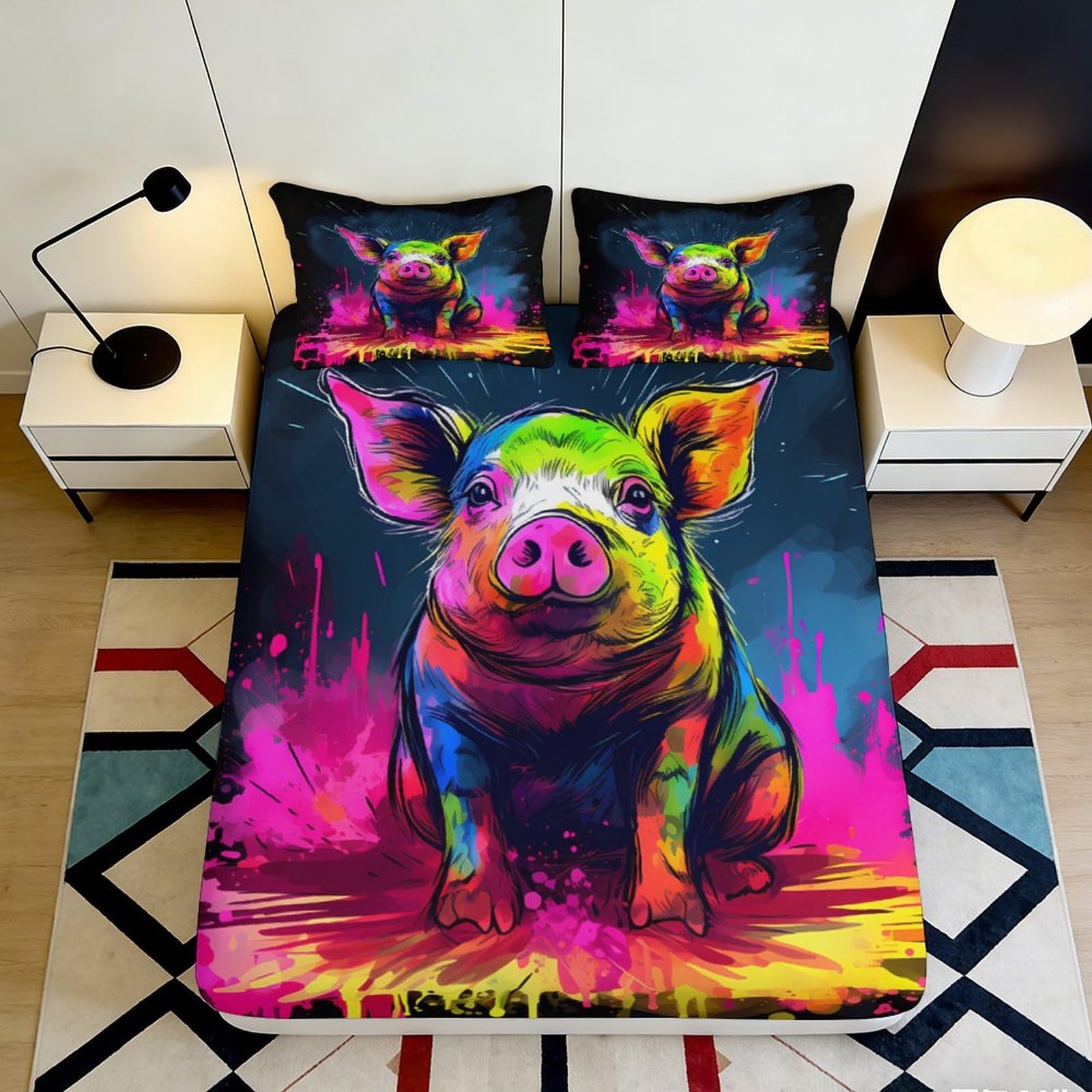 Jqzkxnhpbr Style-9 3D Printed Colorful Pig Fitted Sheet Microfiber Anti-Slip Artistic Animal Bed Cover For Bedroom Dorm Decor 90X200x25cm