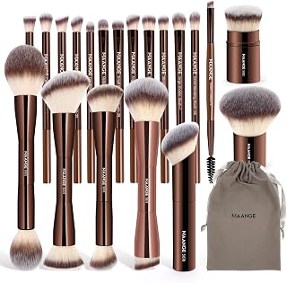 MAANGE 21-Piece Makeup Brush Set: Double-Ended Kabuki Foundation Brushes, Ultra-Soft No-Shed Bristles for Contour Blending (Coffee)
