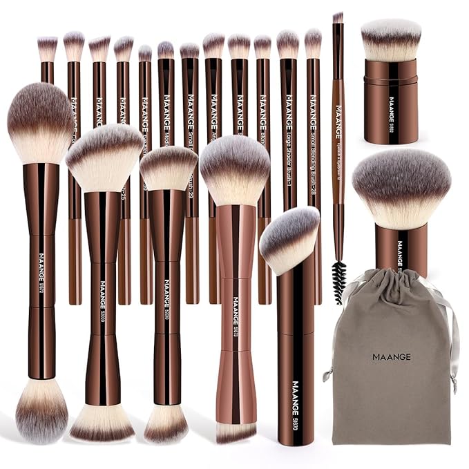 MAANGE 20 PCS Foundation Makeup Brush Set, Double-ended Kabuki Contour Brush for Liquid Powder Concealer Blending Blush Face Makeup Tools (Coffee)