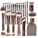 20 PCS Foundation Makeup Brush Set, Double-ended Kabuki Contour Brush for Liquid Powder Concealer Blending Blush Face Makeup Tools (Coffee)