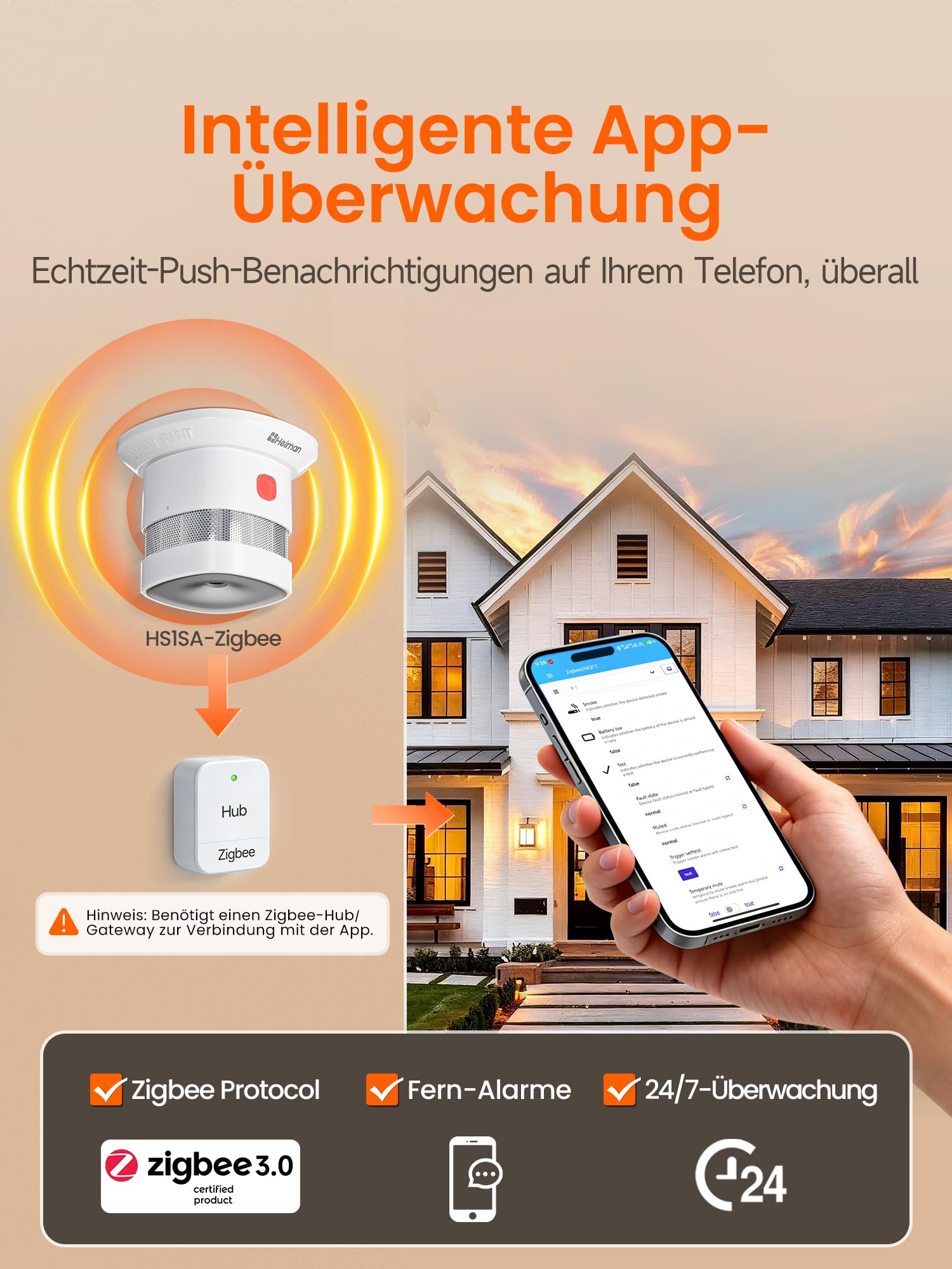 Heiman Smart Rauchmelder HS1SA-E Plus, Feuermelder erfordert Zigbee 3.0 Hub, DBI RoHS Zertifiziert, Rauchwarnmelder mit fotoelektrischem Sensor, unterstützt ZHA & Z2M für Home Assistant, 3 Stück