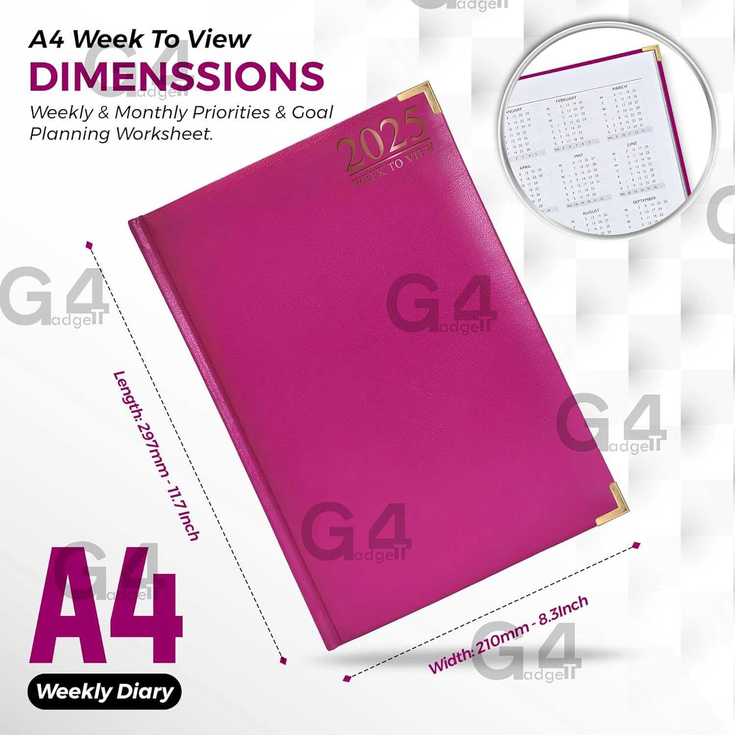 G4GADGET G4 2025 Purple A4 Week to View Diary Hardback Cover 80GSM Paper for Business Office & Home