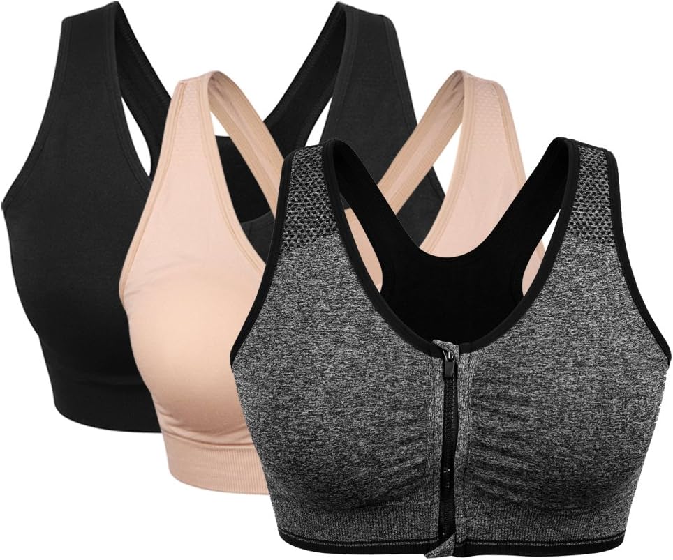 3 Pack Women's Sports Bra Zip Front Non Wired Comfy Post Surgery Bra with Removable Pads