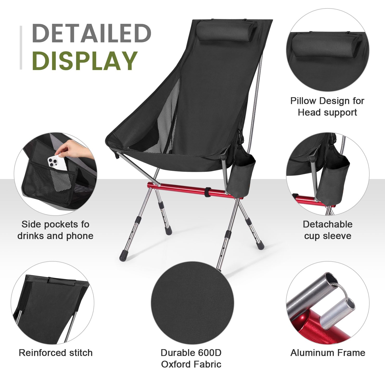 OKYUK Nuova sedia da campeggio pieghevole con schienale alto, tre altezze regolabili, borsa da trasporto leggera e custodia per tazza,Ideale per escursioni, relax in spiaggia e pesca (Nero)