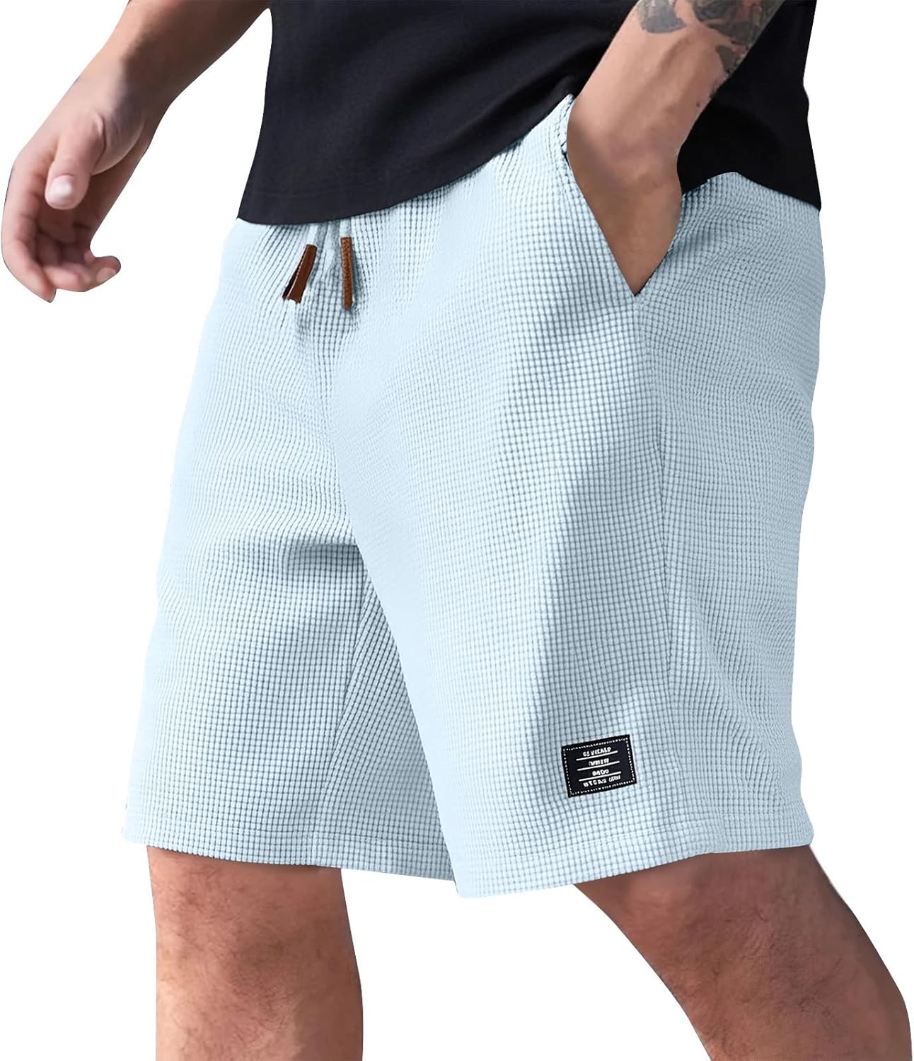 Mens Shorts Casual Solid Color Workout Hiking Outdoor Elastic Waist Drawstring Waffle Knit Short Pant with Pocket