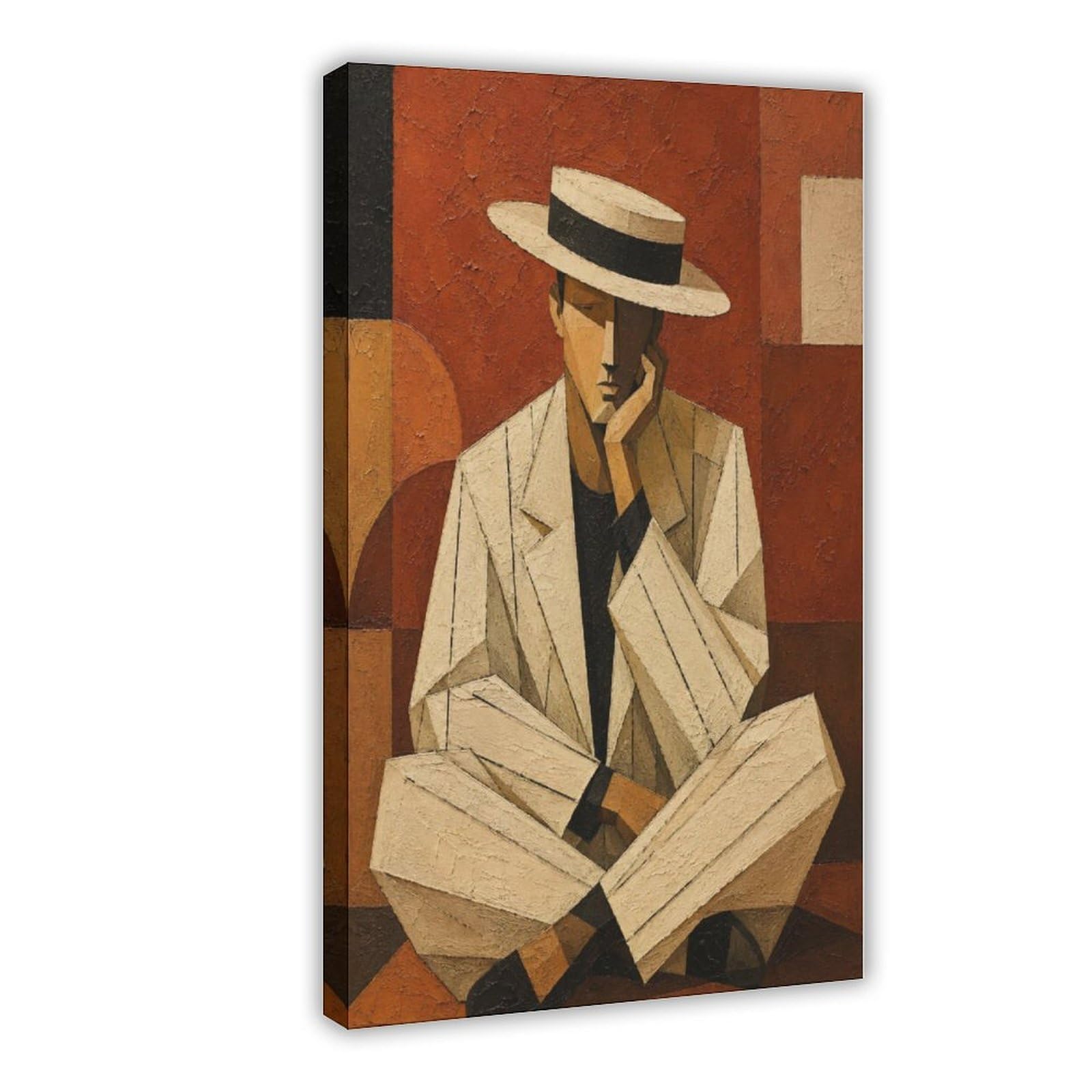 H3b8u2y5 Frame-Style-13 Man In White Suit Canvas Wall Art, Cubist Reading Corner