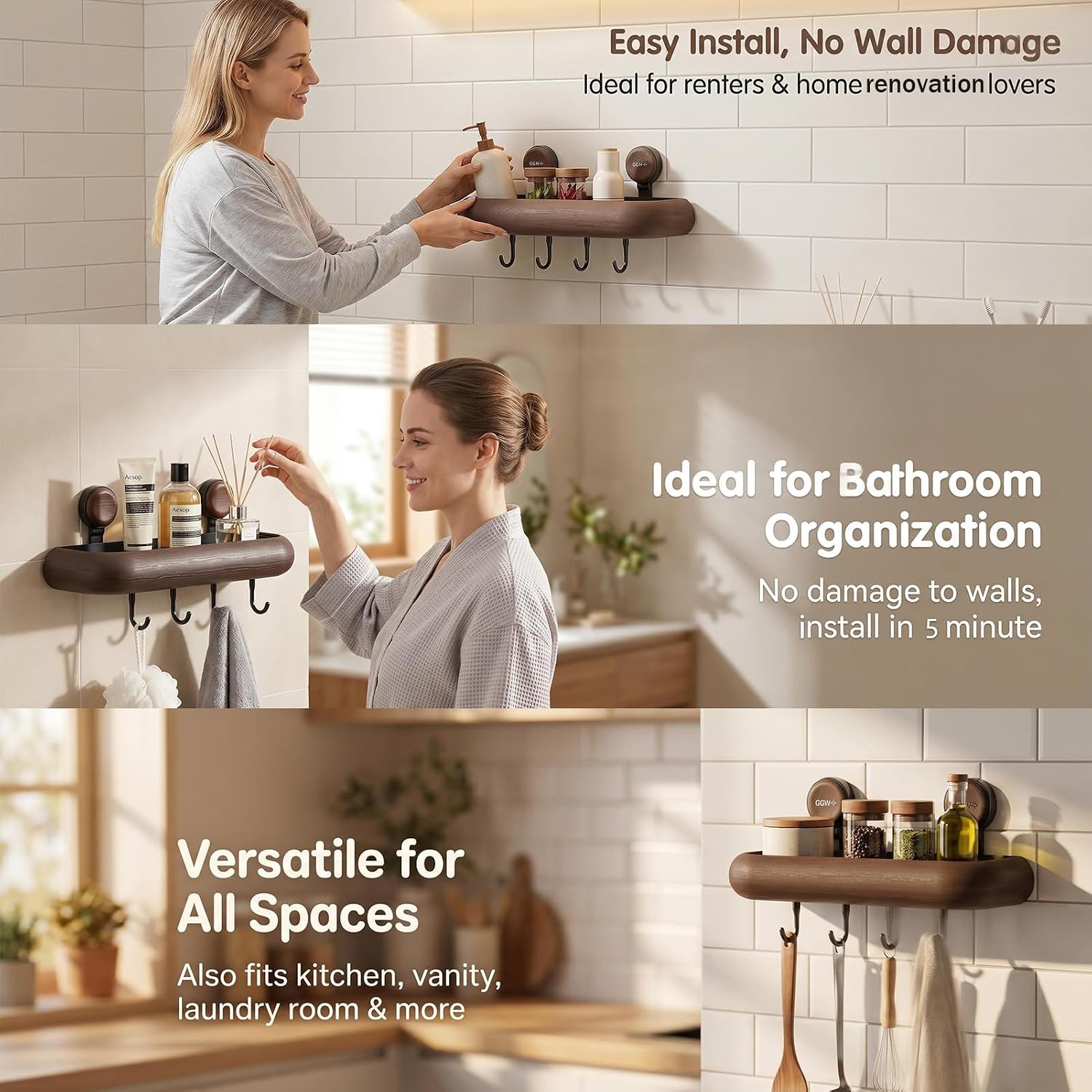 PureBox Shower Caddy Suction Cup, No Drilling Square Shower Shelf, Rust Proof Bathroom Storage Organizer with 4 Removable Hooks, Wood Finish Carbon Steel Shelves for Inside Shower
