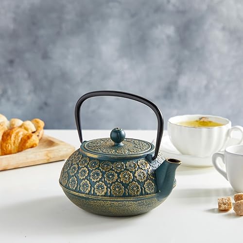 Miniatura 2 de Juvale Tetera de hierro fundido floral verde con infusor de hojas sueltas de acero inoxidable (34 onzas)